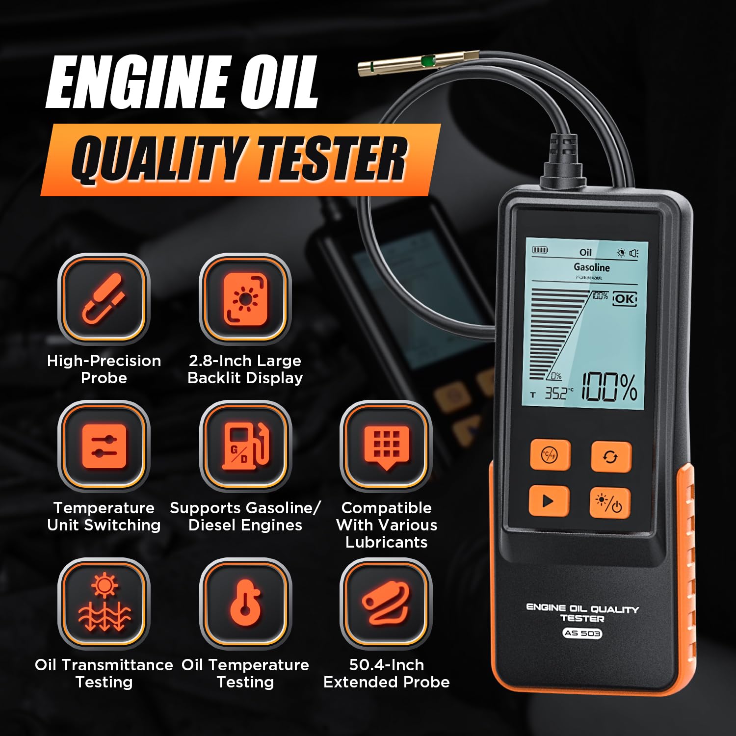 Probador de aceite de motor, probador de calidad de aceite de motor diésel y gasolina, sonda extendida de 50 pulgadas y respuesta rápida, analizador profesional de aceite de motor con pantalla LCD de