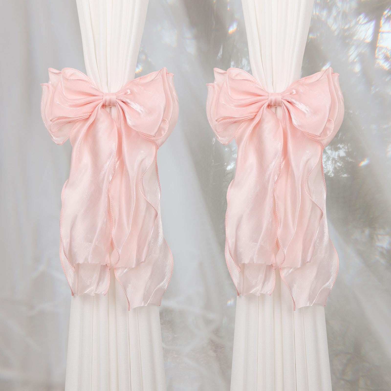 Pretty Jolly 2 Pack French Silky Bow Curtain Tiebacks Elegant Lace Ribbon Decorative Drape Tie Backs Double Layer Handmade Butterfly Knot Curtain Holdbacks for Home Wedding Window Drapery (Pink)
