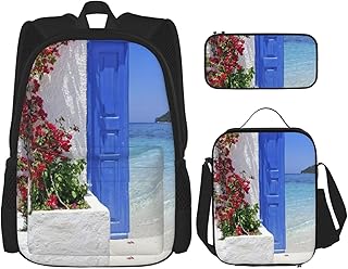 BAAROO Juego de 3 mochilas tradicionales con puerta azul con una gran vista en la isla de Santorini, bolsa de viaje, camping, trabajo, escuela, color, 5.0cm*10.5cm*20.5cm, Estuche para lápices