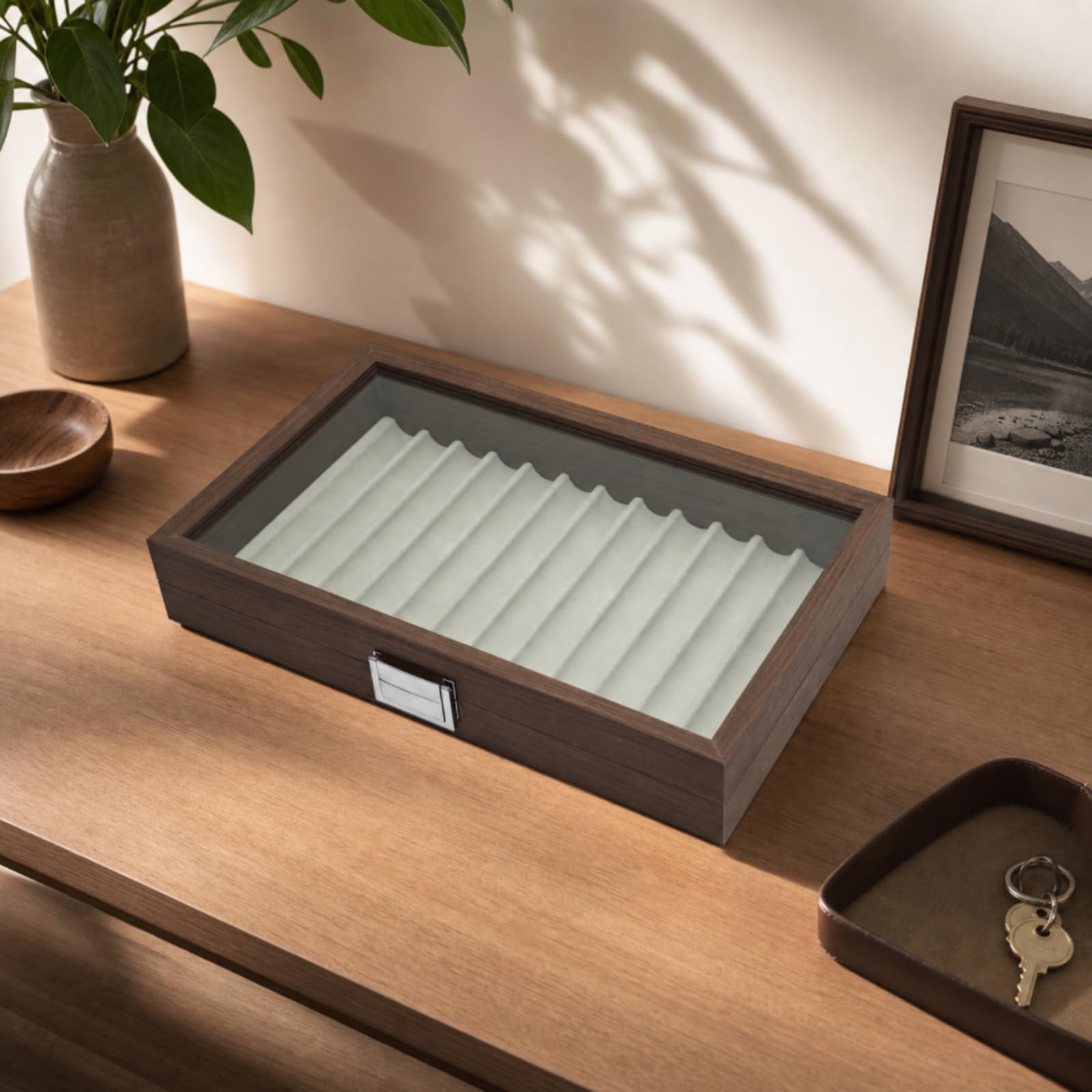 Stifte-schatulle mit 12 fächern dekorativ Stiftaufbewahrungsbox mit 12 fächern elegant Stiftebox sichtfenster für Schreibtisch, Präsentation, Büro, Ebenholz Holzoptik