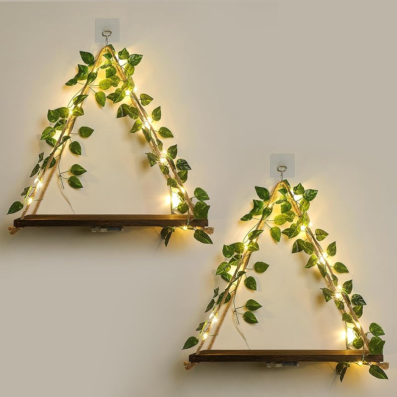 Floating Shelves for Wall,Hanging Shelves,Room Decor,Wall Decor,Boho Decor | Floating Shelves No Drill,Trinket Shelf,Cottage Core Wall Decor,2-Pack Shelf Set Includes Artificial Ivy & LED Lights