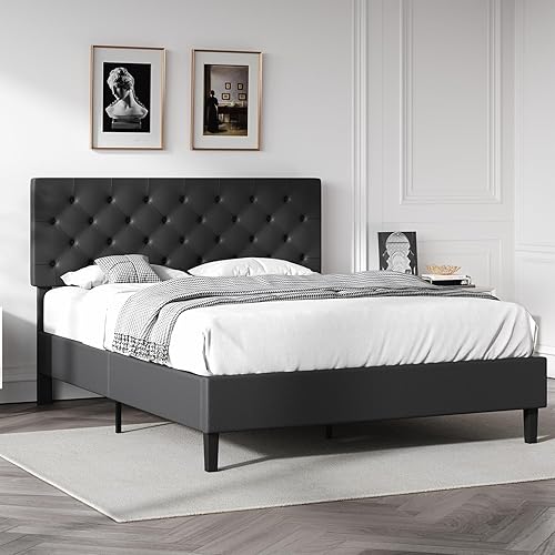 Miniatura 7 de Marco de cama matrimonial con cabecero, plataforma tapizada de piel sintética, marco de cama negro tamaño matrimonial, soporte de listones de Negro