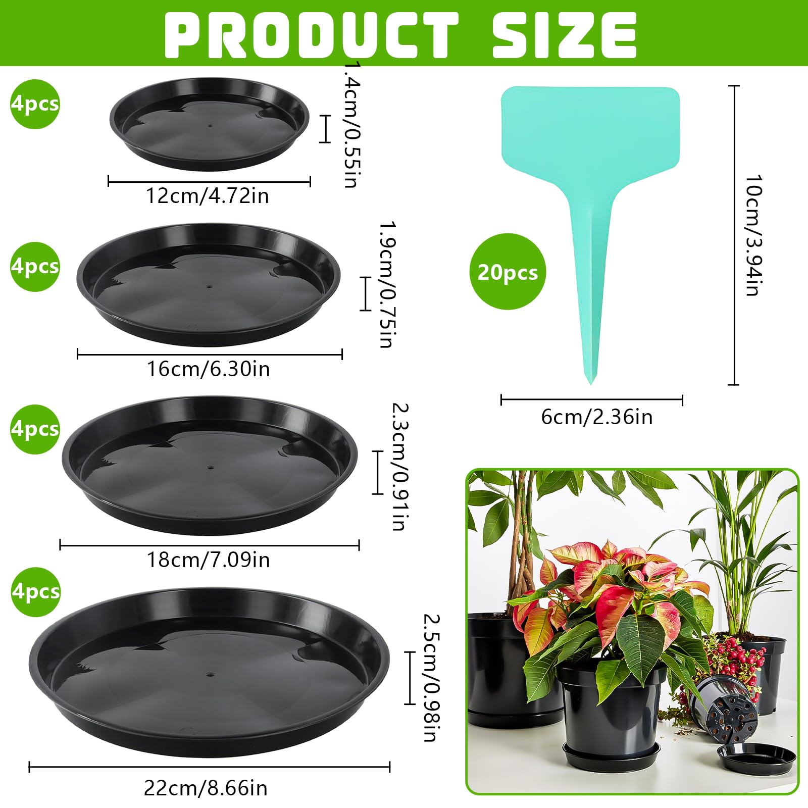 12 Sottovasi Rotondi In Plastica Per Piante - Misure 16, 26, 34 Cm - 4 Per Dimensione
