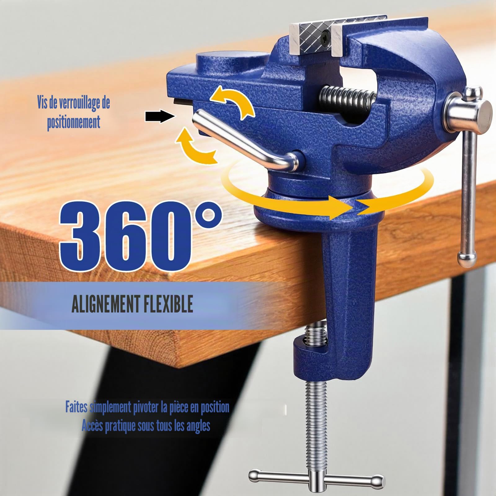 Etau d'établi Pivotant à 360°, 70mm Étau de Table a Pince avec Protections de Mâchoires, pour Travail du Bois, Perçage, Coupe et Polissage