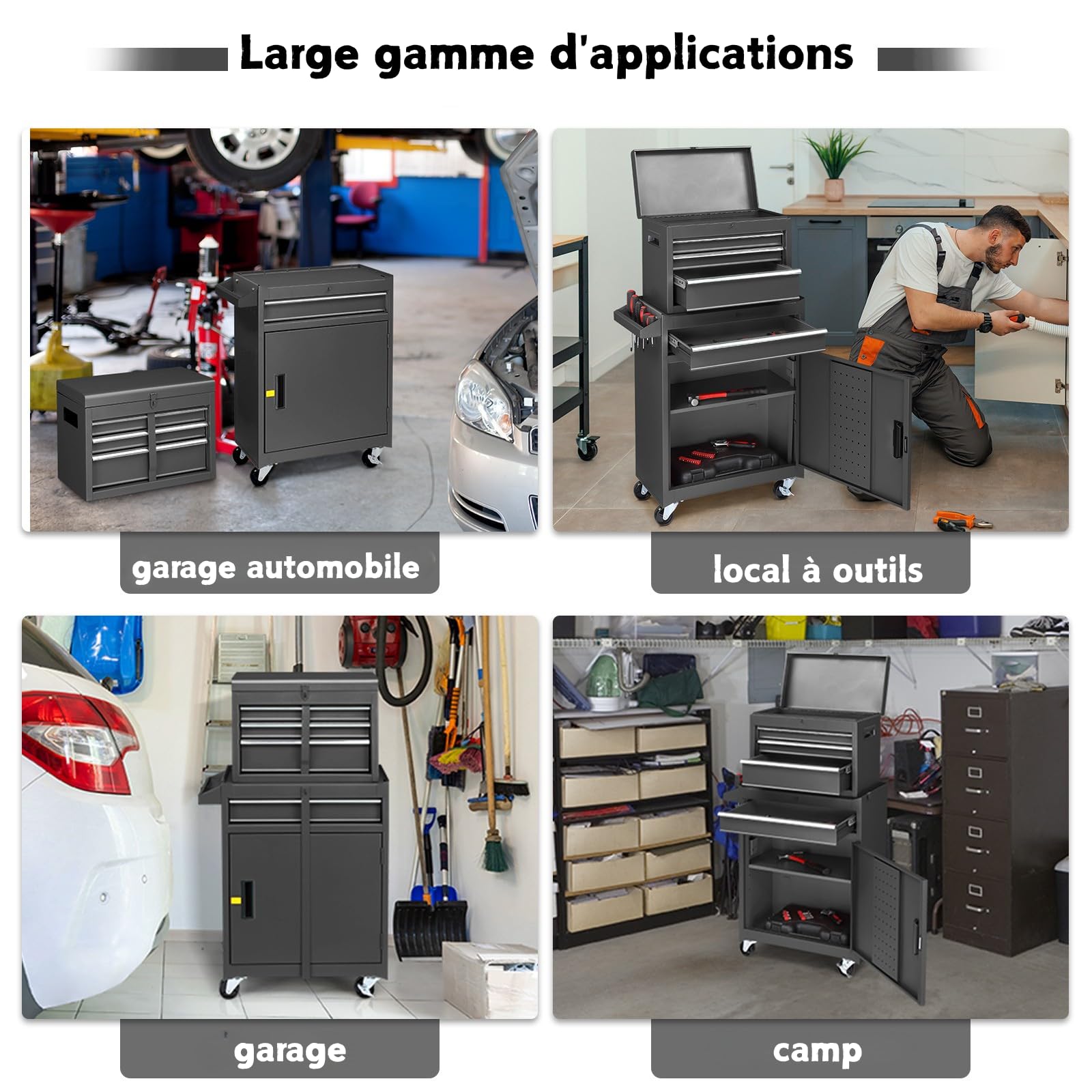 LEADZM Servante d'Atelier Outils avec Coffre Amovible, 6 Tiroirs(Noir) | Etabli Garage，Armoire à Étagère Réglable& Caisse à Outil Roulante，pour Garage, Atelier