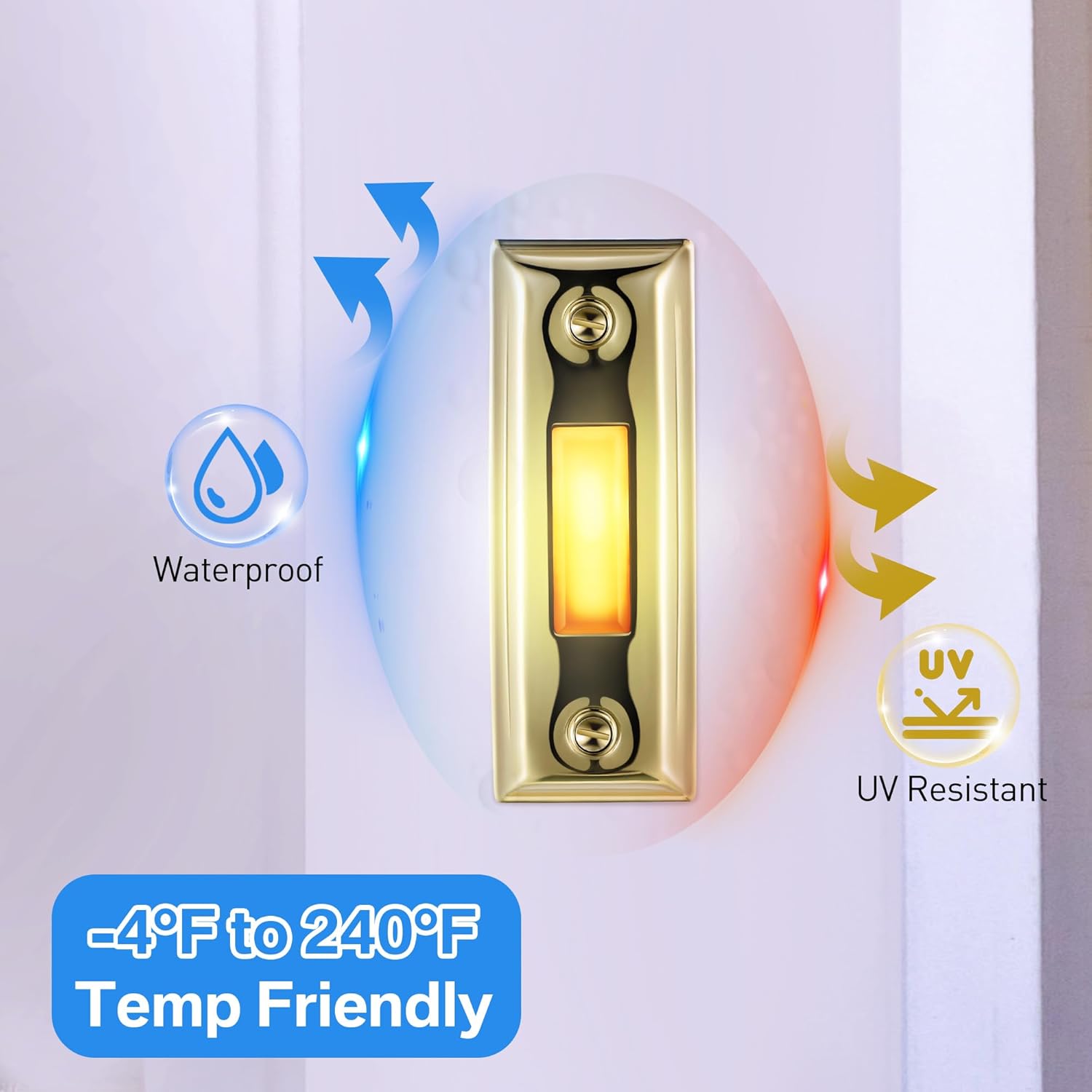Dreyoo Metal Doorbell Push Button, Heavy Duty Metal Door Bell Wired Button LED Lighted Wall Mounted Doorbell Push Buttons for Home, Universal Garage Door Opener Switch Property in Copyright(Gold)