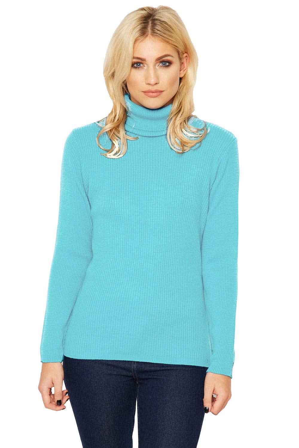 ER Direct Ladies Ribbed Stretch Polo Neck Top Womens Jumper Turtle Neck Long Sleeve Soft Knit 8-14 (Turquoise, 08-10)