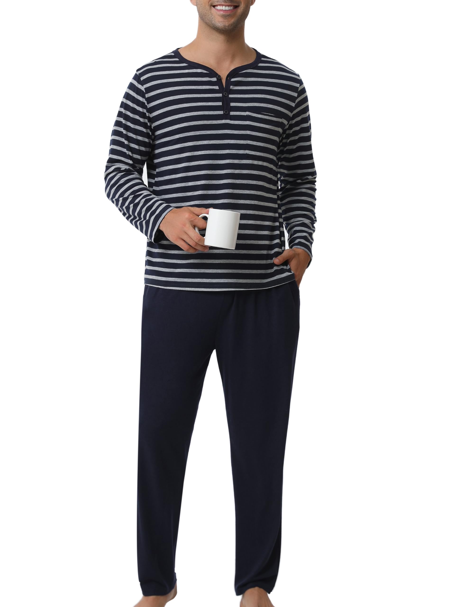 Pijamas Hombre Algodón Cuadros Invierno Camiseta Pantalón Largo Elástico Set Botones y Ropa de Dormir Manga Larga Entretiempo Tops Cómodo