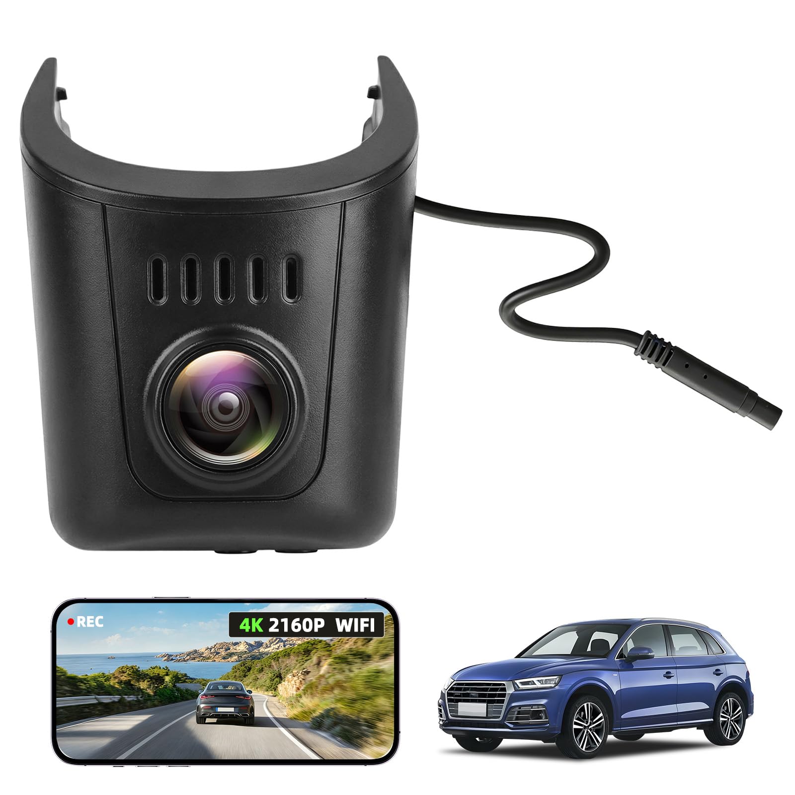 CAMECHO Dashcam 4K Compatibile con Porsche Cayenne 911, macchina fotografica 2160P 30fps Wi-Fi Video con sensore G, registrazione loop, dash cam per auto, accessori OEM Audi