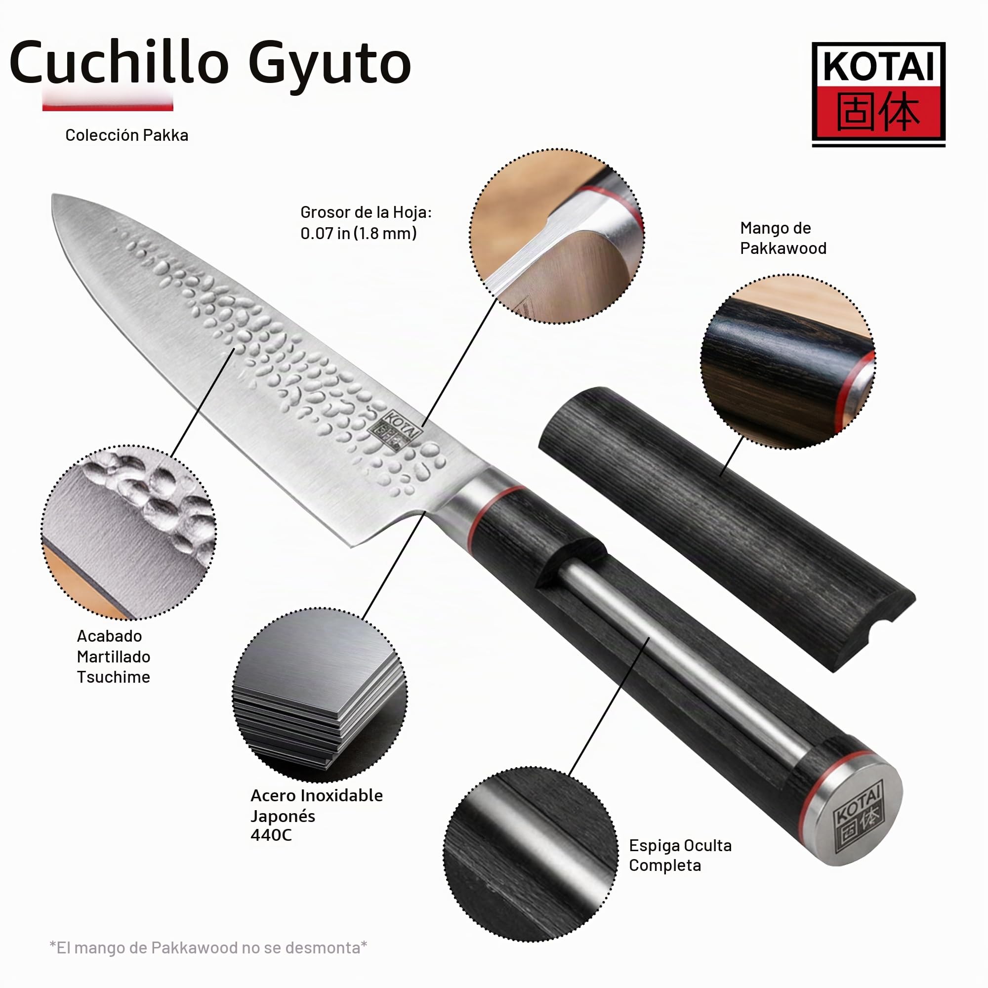 KOTAI | Cuchillo de chef Gyuto | Cuchillo de chef profesional | Hoja de 20 cm | Cuchillos forjados a mano | Acero inoxidable japonés 440C | Mango de madera de Pakka | Tang oculto completo