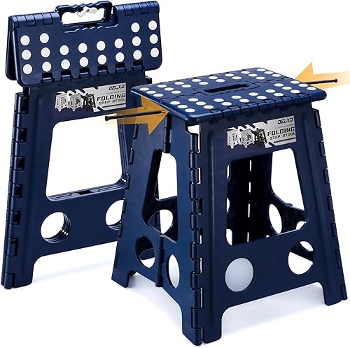 Miniatura 28 de Delxo Taburete plegable de 13 pulgadas de altura, taburete plegable resistente para adultos y niños, taburete pequeño plegable para cocina, 1 gris
