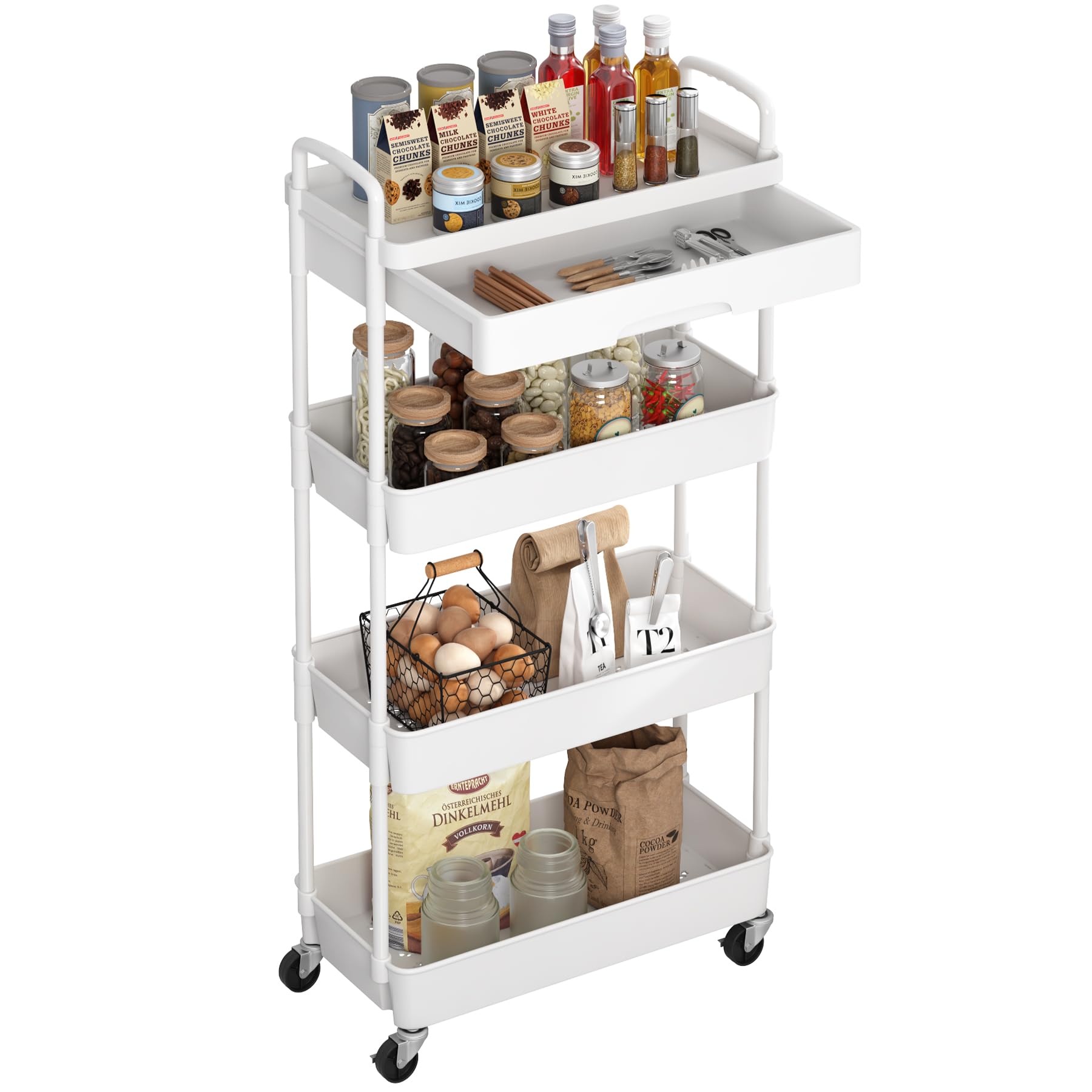 Dttwacoyh 4-Tier Rolling Cart,Trolley with Drawer, Kitchen Storage Organizer with Plastic Shelf & Metal Wheels, Storage Cart for Living Room, Kitchen, Office, Bathroom, White