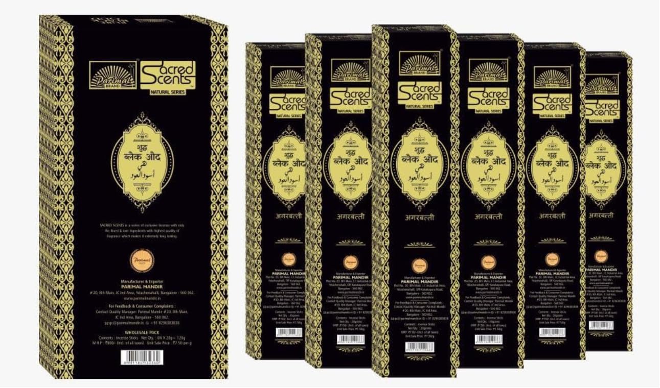 Parimal Pure Black Oud Agarbatti/Incense Stick (60–66) (120g) | 45–60 Min Burn | Hand-Rolled Natural Agarbathi | Each 20G | Long-Lasting Fragrance | Natural Incense with Pure Black Oudh | Pack of 6
