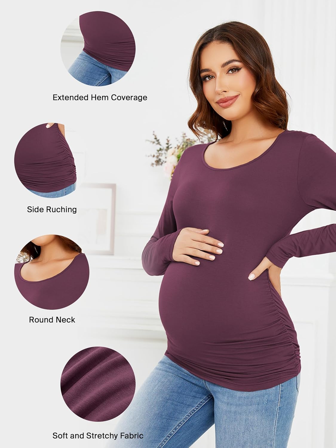 Ecavus Women's Maternity Shirts Long Sleeve Soft Stretchy Pregnancy Tops Side Ruched Casual Mama Clothes - Image 3