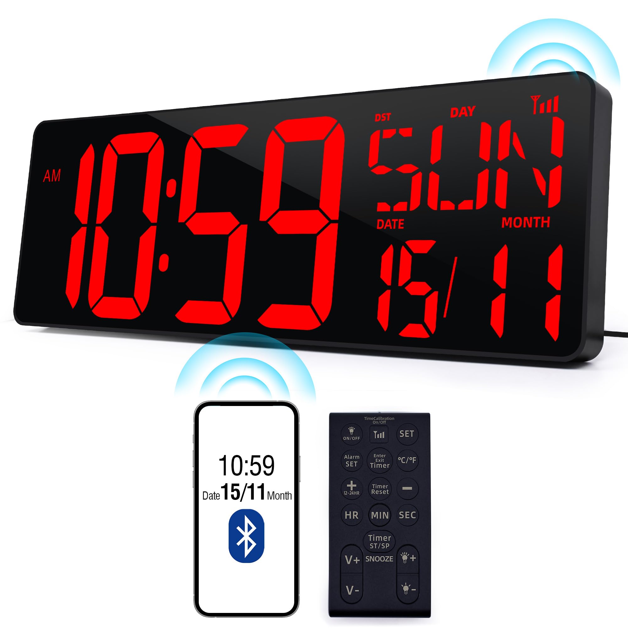 KRSTIR Reloj de pared digital grande de 17.2 pulgadas, Bluetooth, sincronización automática de tiempo, pantalla grande, atenuación automática, calendario DST, reloj de pared LED, temporizador grande
