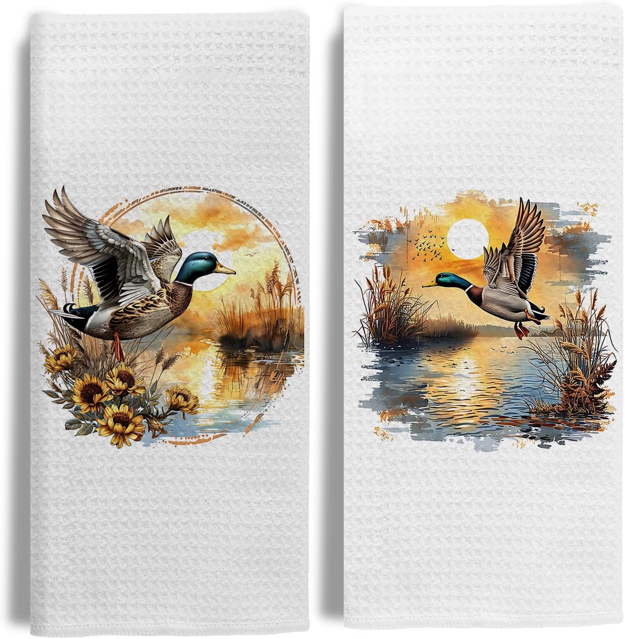 2 Pack Flying Mallard Duck Kitchen Towels,Rustic Wildlife Waterfowl Lover Dish & Hand Towels for Kitchen & Bathroom Decor,Sunset Hunting Duck Gifts for Women Men Lovers,16x24 Inch