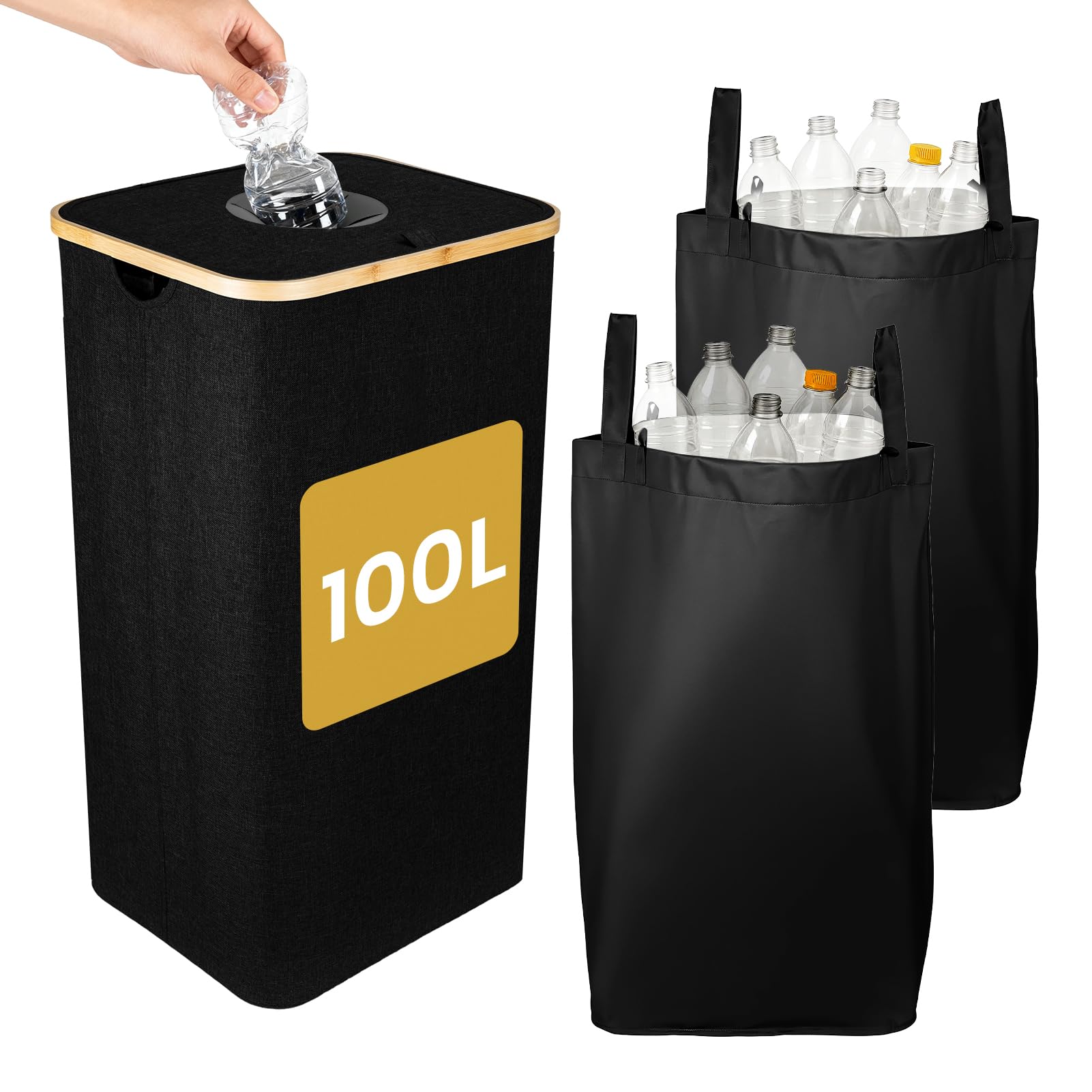 GREENSAPPIRE 100L Bottle Recycling Bin with Lid, Large Deposit Bottle Storage Box with Silicone Drop-In Hole, Double Removable Laundry Bags, Heavy-Duty Oxford Fabric Bottles Collector for Home