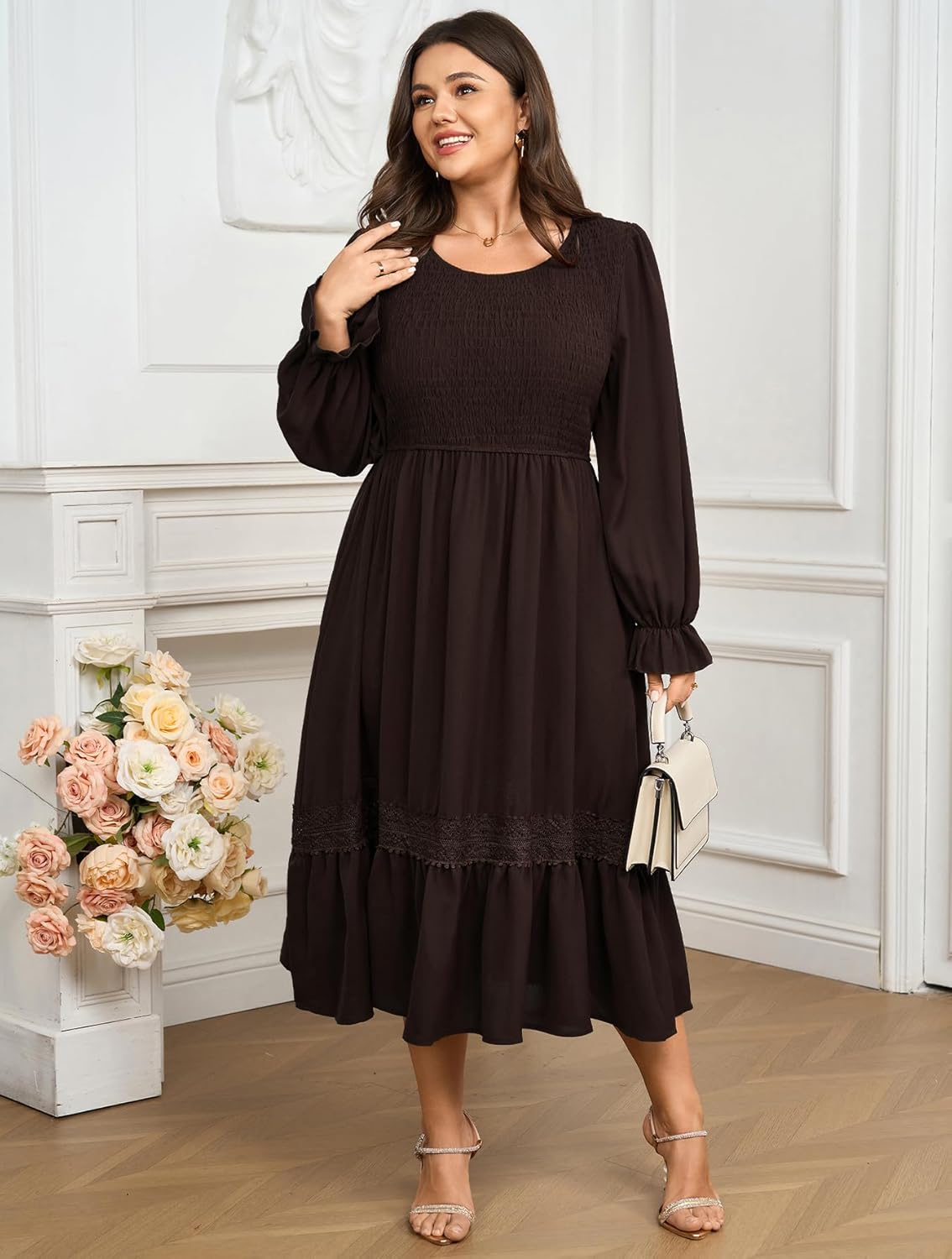 Plus Size Maxi Dress for Women Wedding Guest Fall Smocked Long Sleeve Round Neck Empire Waist Flowy Ruffle Dress 1XL~4XL - Image 6