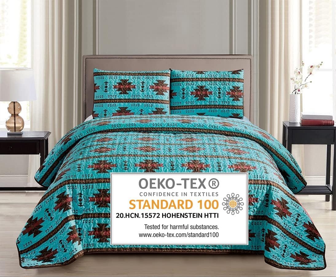 Southwest Print Bedspread 3 Piece Navajo/Native American Design Microfiber Teal Color Quilt for Cabin, Lodge Ranch Home- King Oversize (115" x 96") Southwestern Coverlet Bedding Cover (King) - Image 2