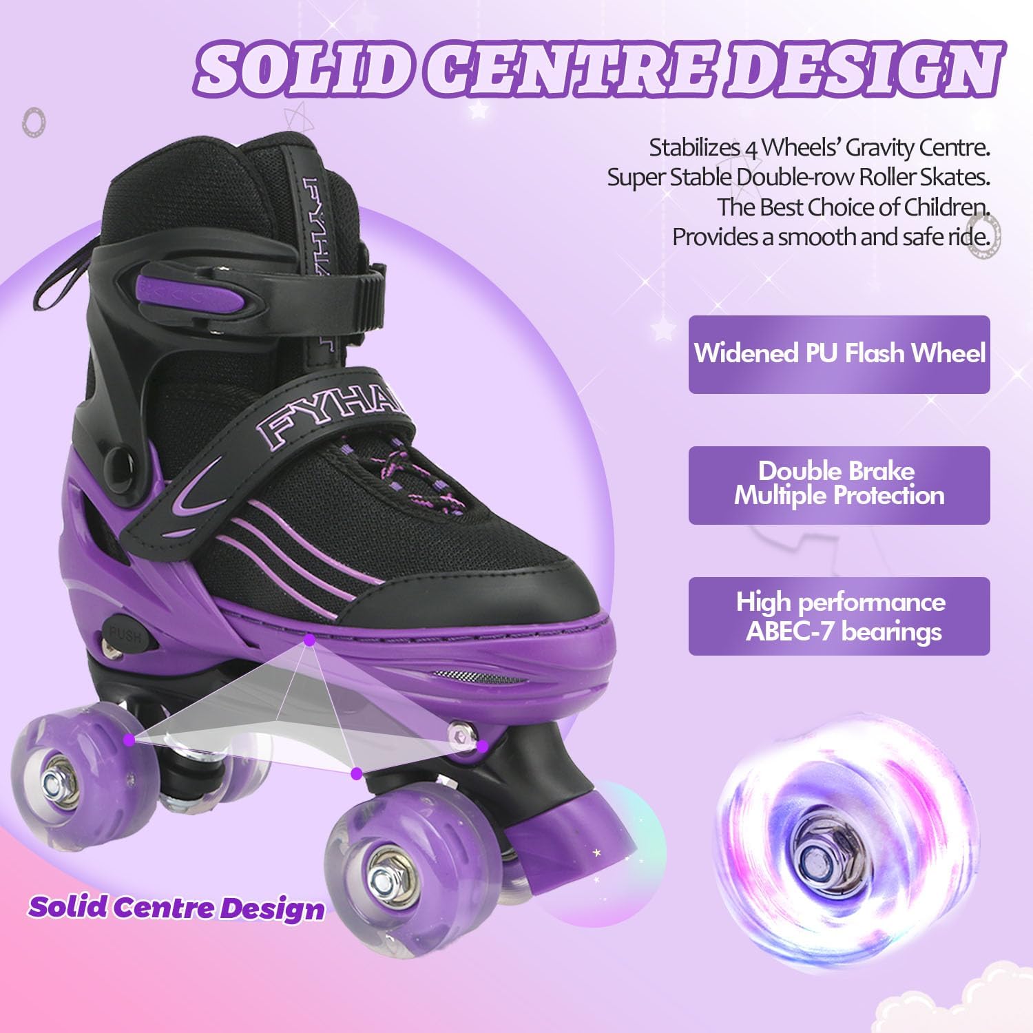Kids Roller Skates for Girls Boys Child Beginners, Adjustable 4 Sizes Quad Roller Skates for Kids & Youth with Light Up Wheels for Sports (Purple & White