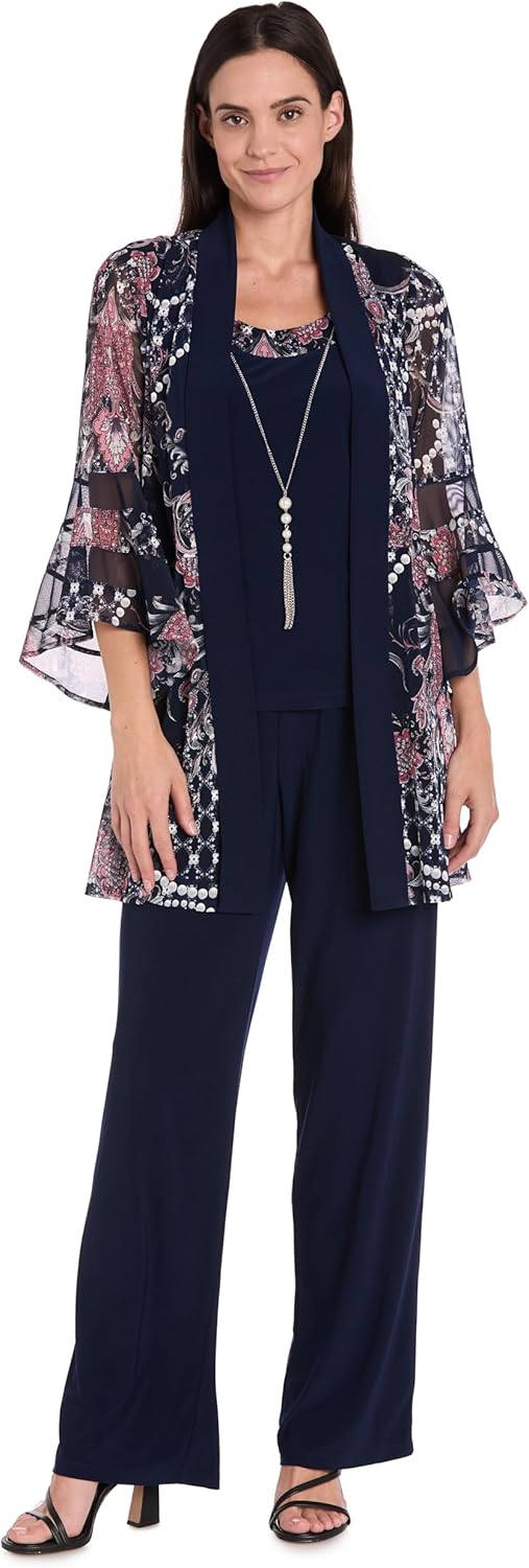 R&M Richards Women's Elegant 2-Piece Puff Print Mock Jacket Pantsuit W/Illusion Bell Sleeves & Detachable Necklace