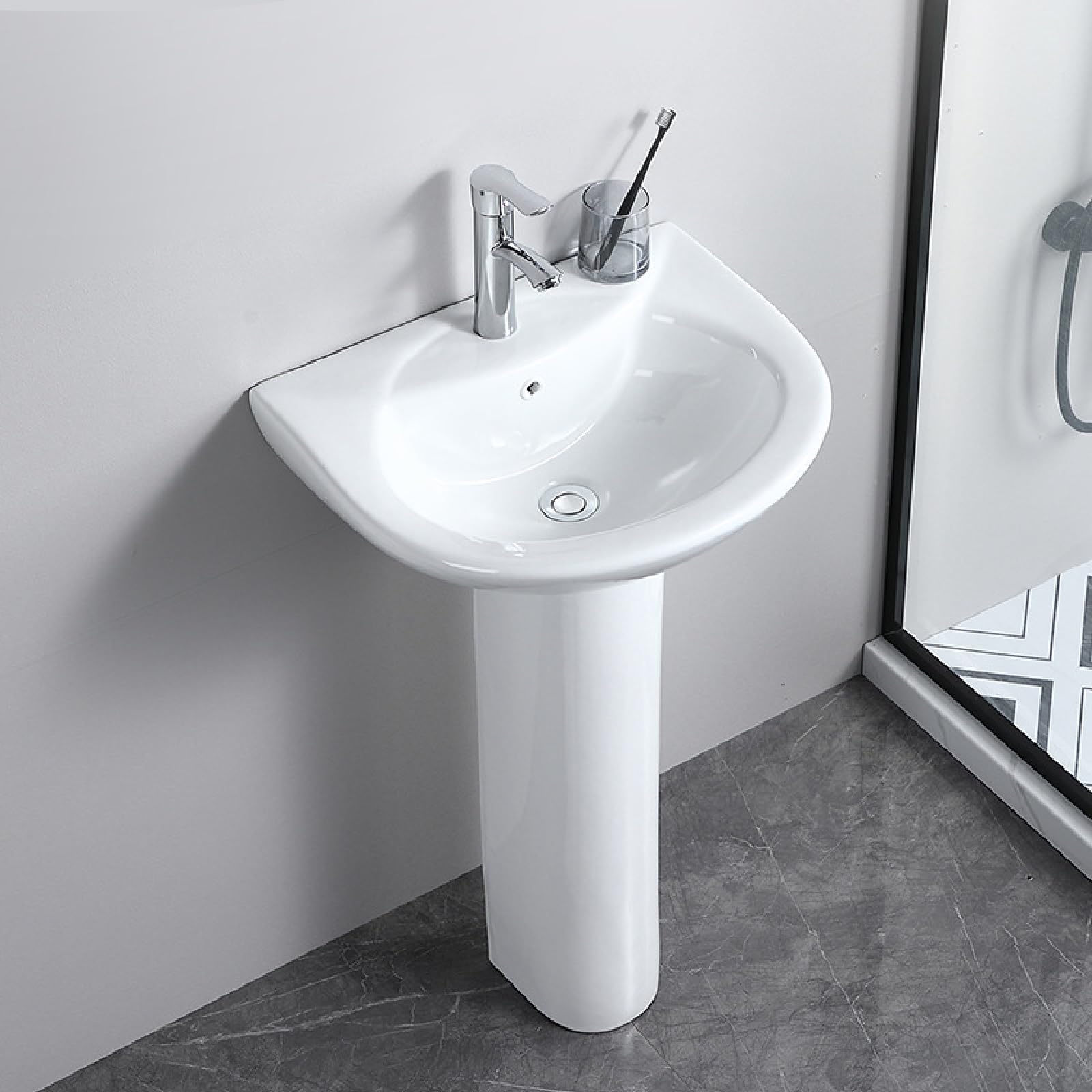 Lavandino Angolare Da Bagno In Ceramica | Con Foro Rubinetto Singolo E Miscelatore Incluso | Misure 34x34x24 Cm | Da Appoggio O A Parete
