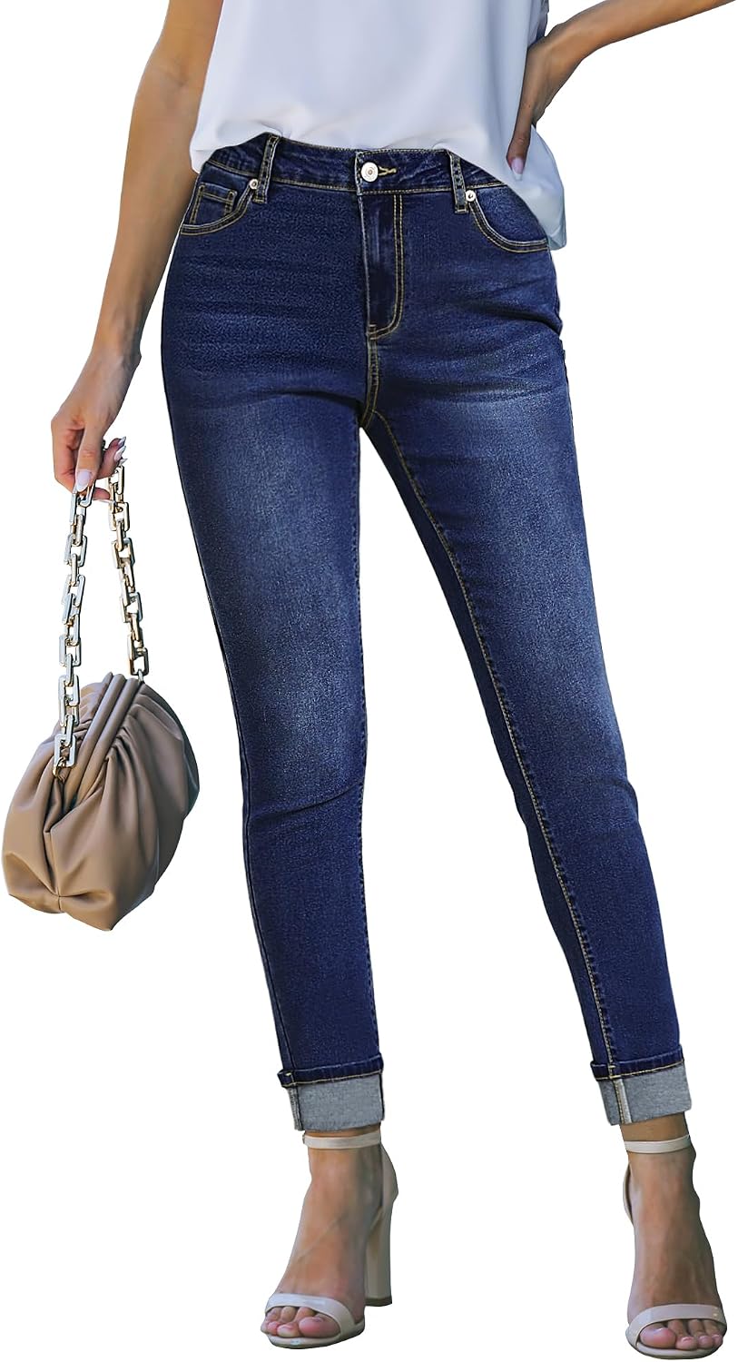 luvamia Skinny Jeans for Women Trendy High Waisted Fold Hem Slim Fit Stretchy Denim Pants Jeggings Jeans with Pockets