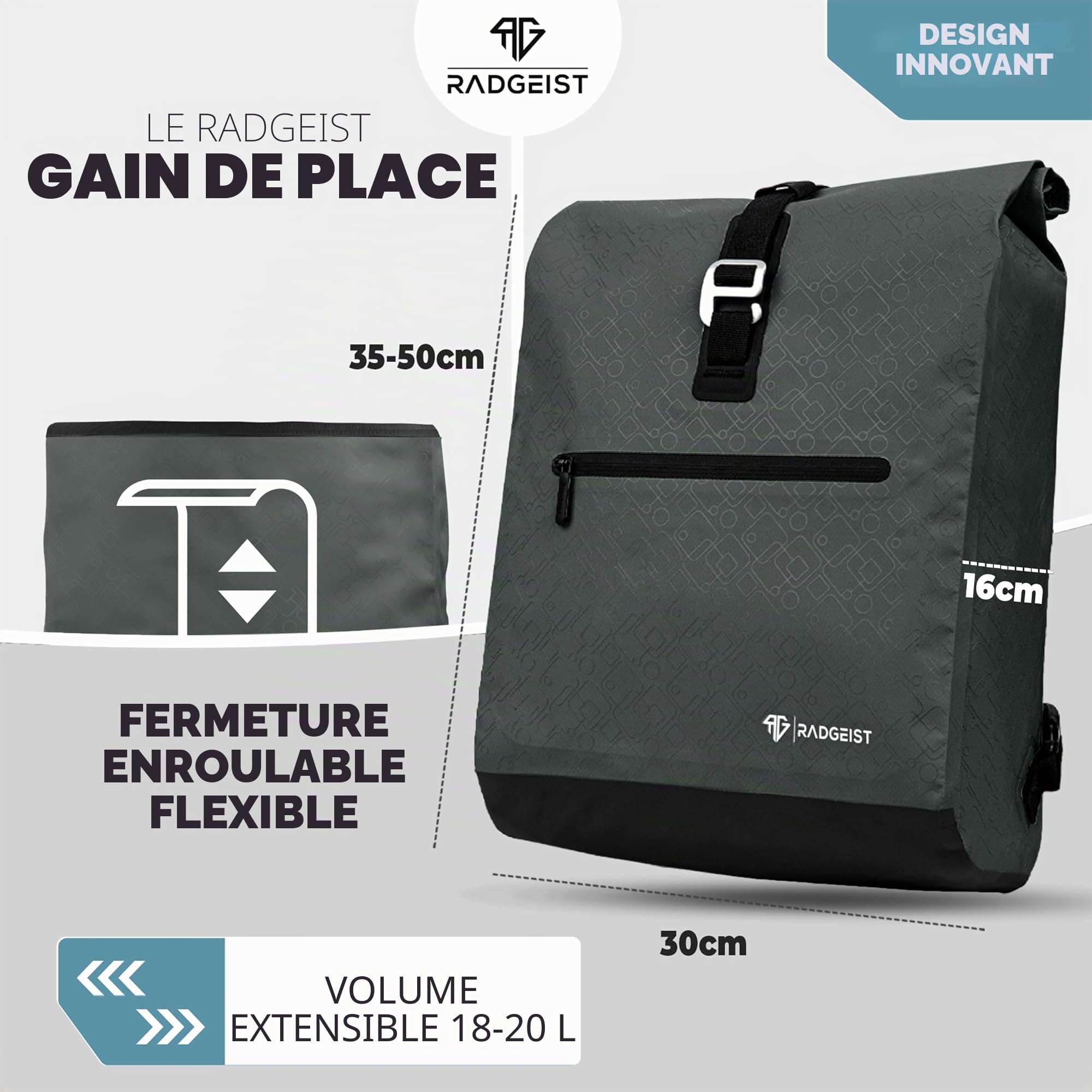 RADGEIST Sacoche de vélo pour porte-bagages - Sac à dos et sac à dos - Pour homme et femme - Sac à bandoulière et sac à bagages pour vélo - 20 l - Anthracite
