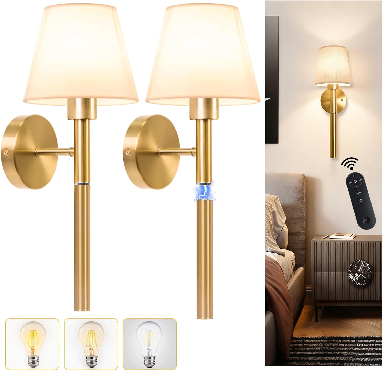 Battery Operated Wall Sconce Set of Two, 5200mAh Magnetic-Handle Rechargeable Sconces Wall Decor with Remote, Gold Wireless Wall Lights Lamp for Bedroom Living Room Home Decor(1 Spare Bulb)