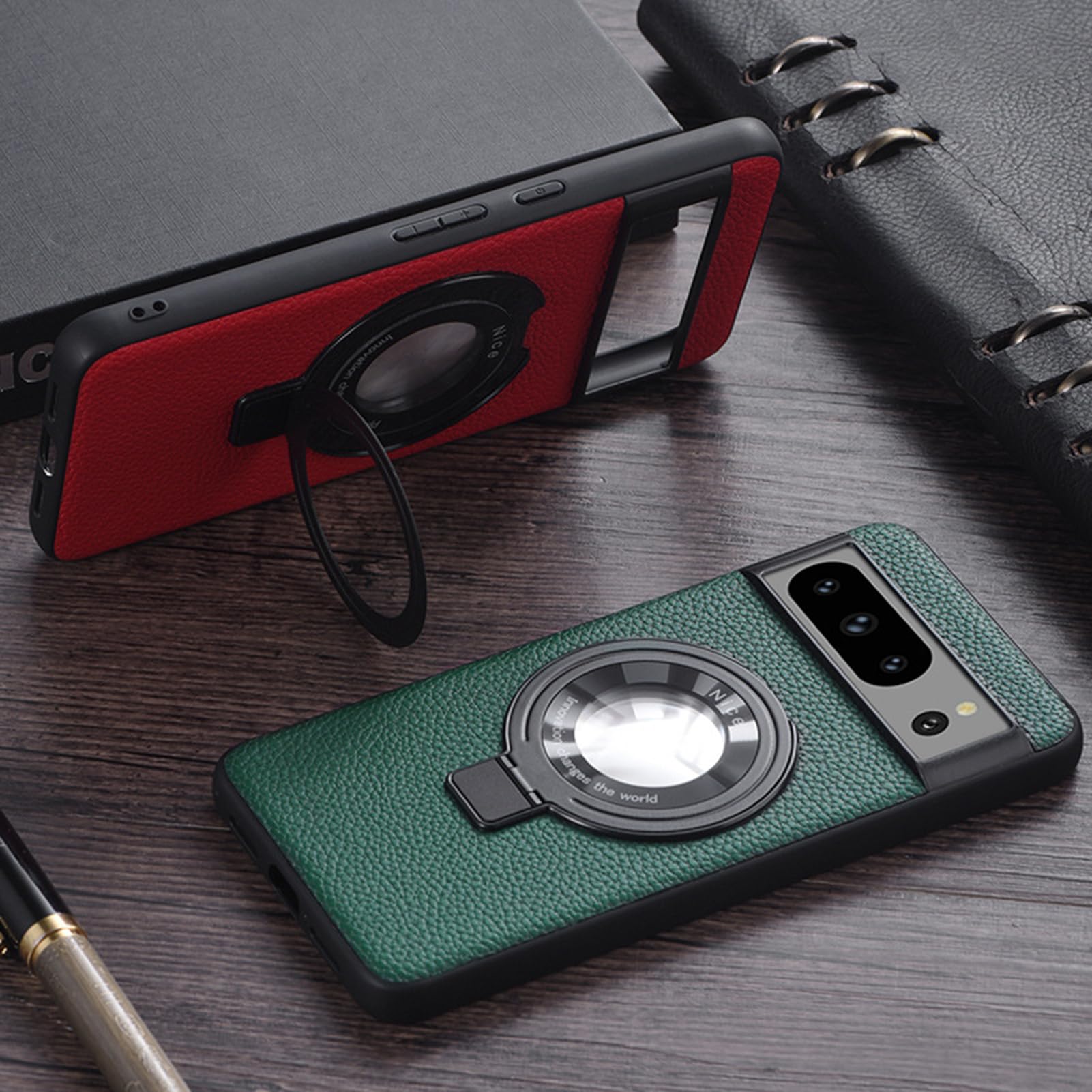 HAZARA Skórzane etui do Google Pixel 8 Pro/8, niewidoczny pierścień stojak etui, regulowana pod kątem podpórka smukła odporna na wstrząsy osłona telefonu, czarne, 8