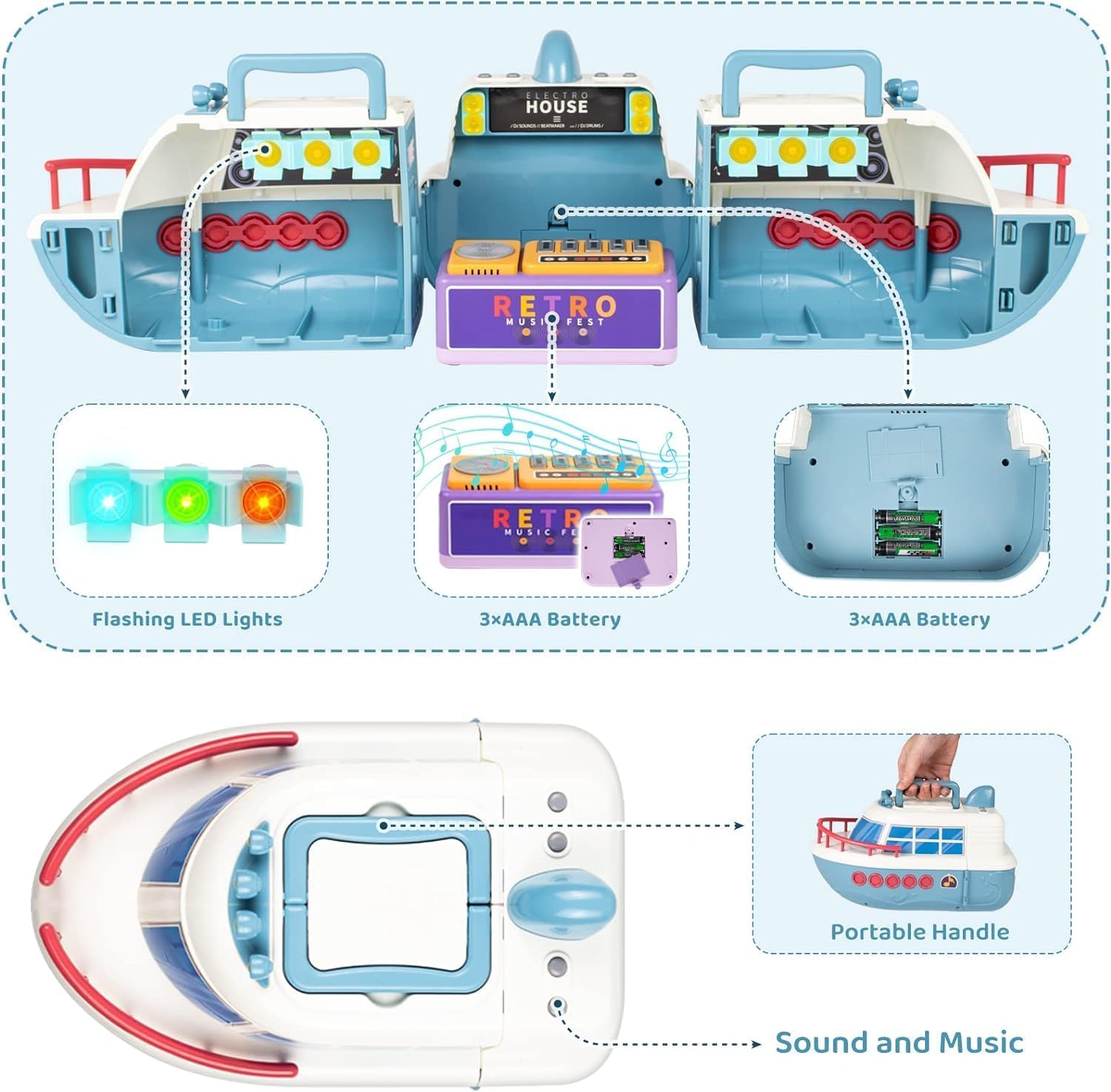 Exegi Enterprise Doll House Boat Play Set, Deforming Kids Toy Ship with Sound, Lights, Doll and Accessories for Disco Stage, Little People Pretend Play Birthday Gift Toys for Girls and Boys 3