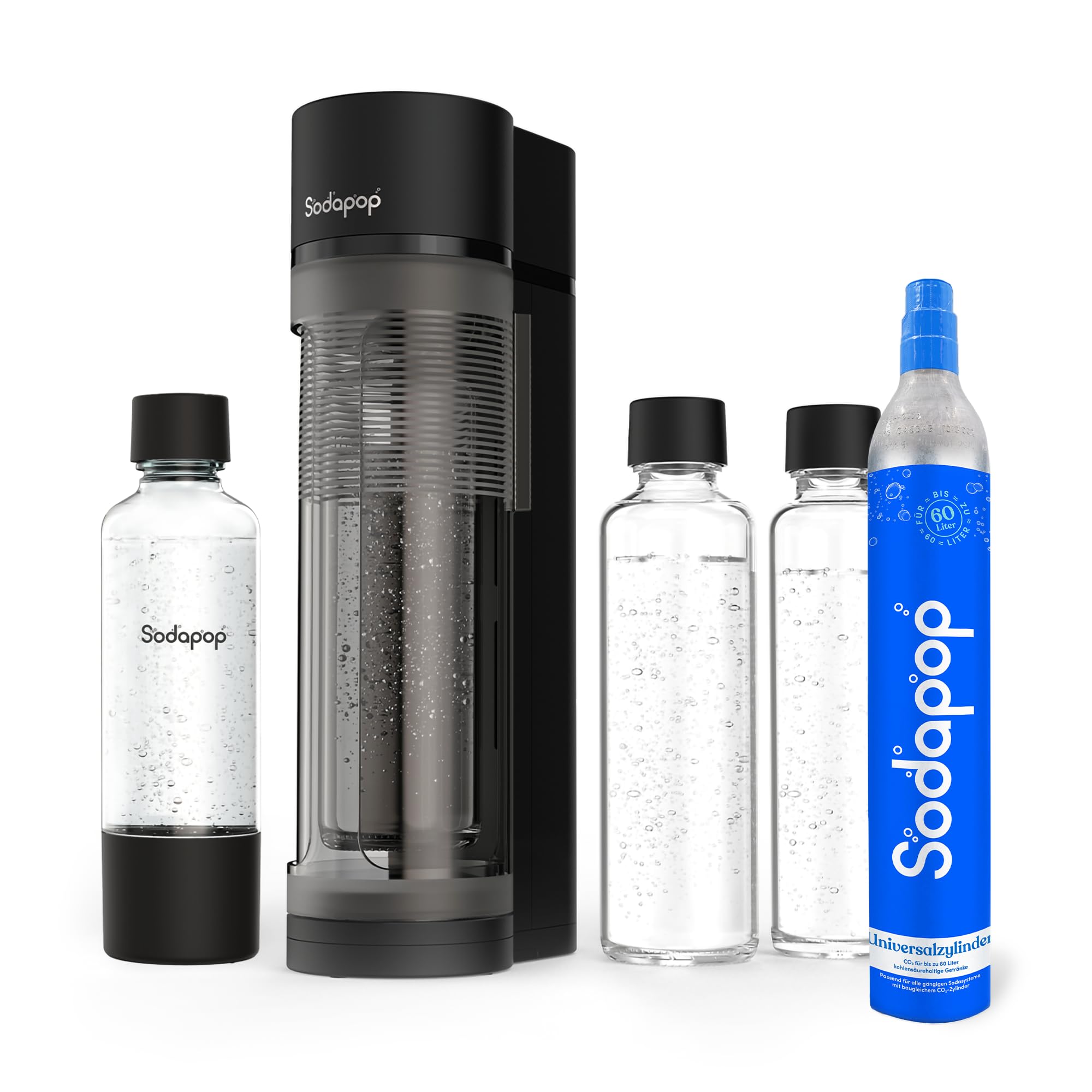 Sodapop Kit de iniciación con pulverizador de agua Logan con cilindro de CO₂, incluye 2 botellas de cristal (850 y 600 ml) y 1 botella de PET (850 ml), color negro mate, altura 42,6 cm