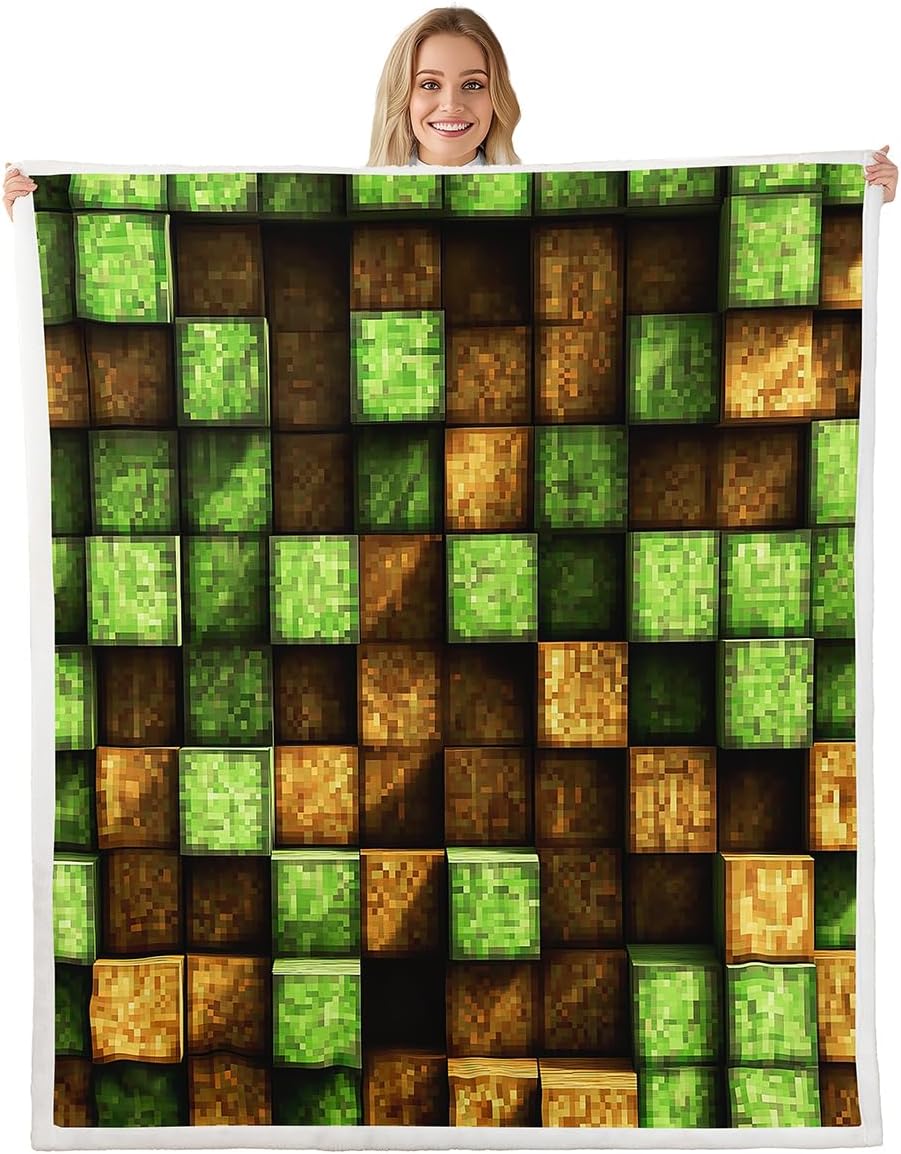 Miners Pixel Games Throw Blankets,Green Brown Grid Stripe Fleece Blanket ,Kids Girls Boys Adult 3D Video Games Fuzzy Blankets Build Sandbox Theme Sherpa Blanket Chair Sofa Bed Decor ,60"×80"