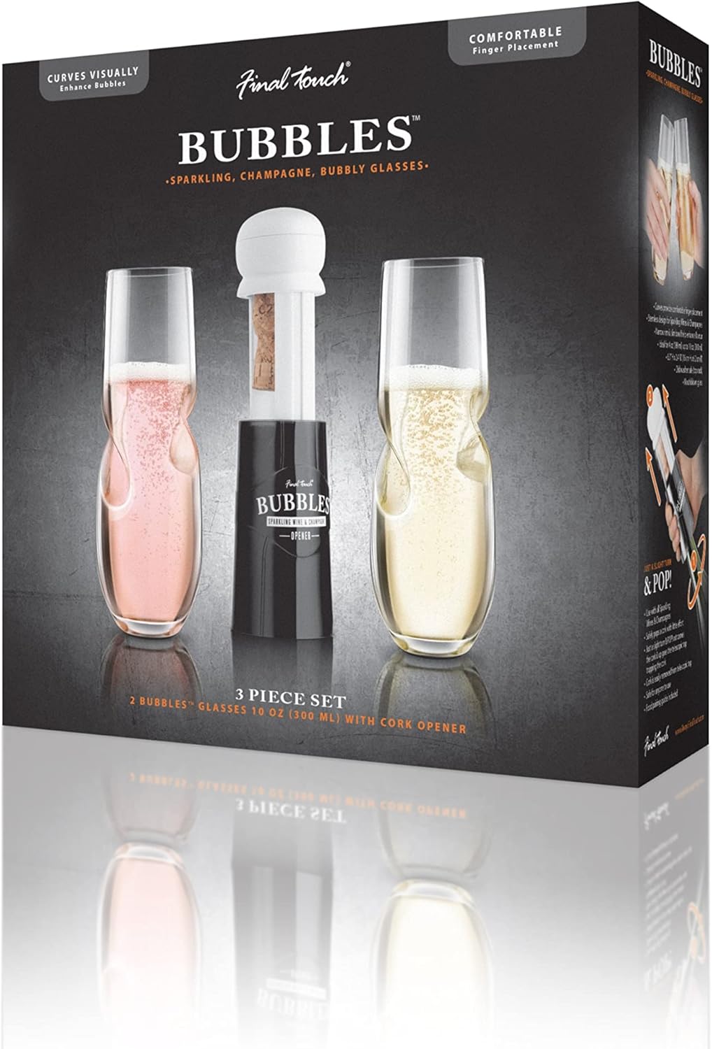 Final Touch Bubbles Sparkling, Champagne, Bubbly Glass Set with Opener - 10 oz (300 ml)