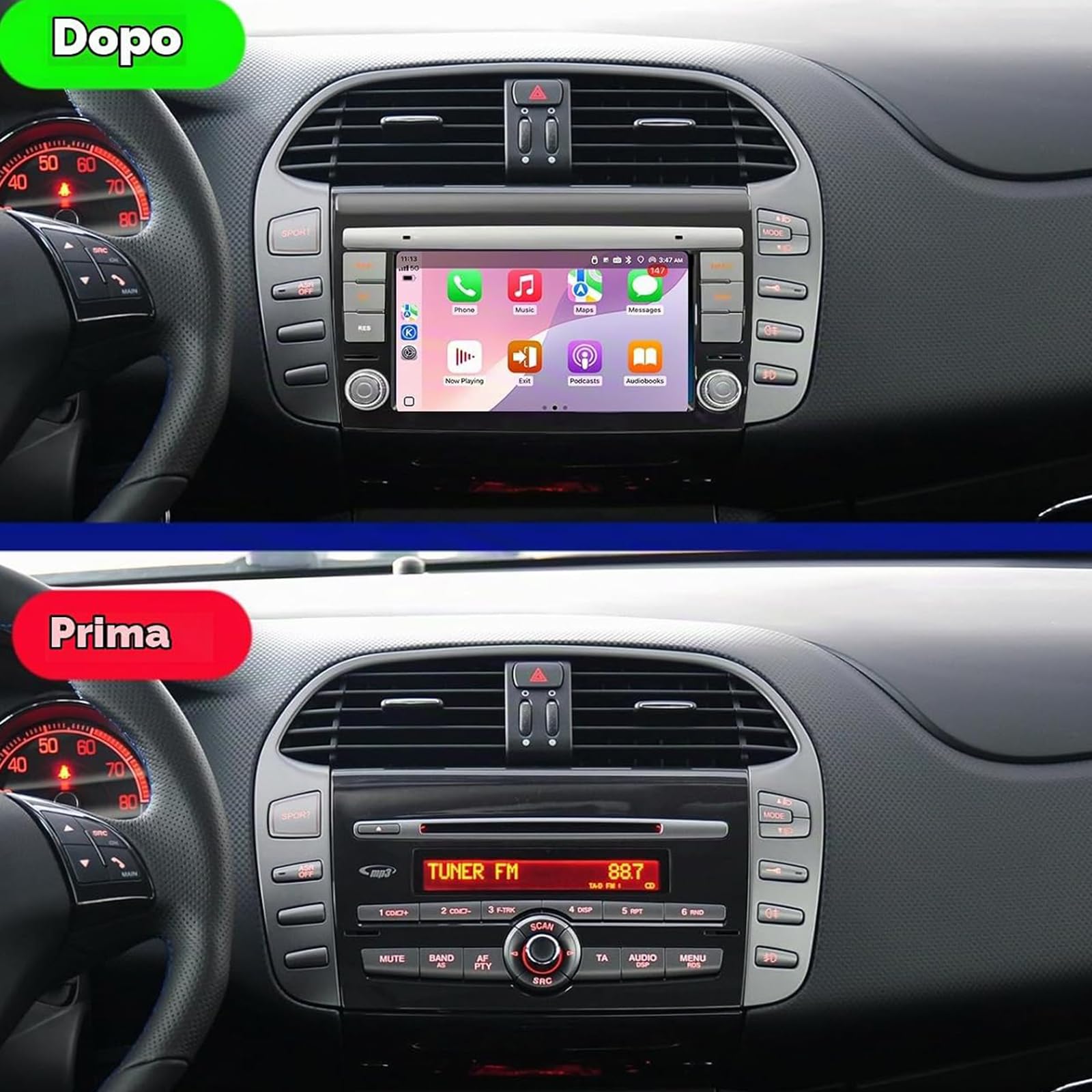 Android 15 Radio Samochodowe Do Fiat Bravo 2007-2014 7-calowy Ekran HD Radio Samochodowe Z CarPlay Android Auto Bezprzewodowe Nawigacja GPS Wi-Fi USB Bluetooth FM RDS Sterowanie Z Kierowni(Color:M500)