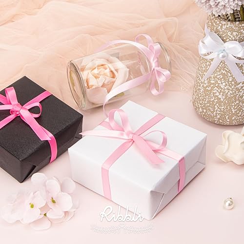 Miniatura 6 de Ribbli Cinta de satén rosa claro de doble cara de satén de 38 pulgadas x 50 yardas, cinta rosa claro para envolver regalos, manualidades, decoración