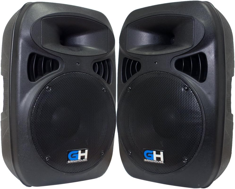 Grindhouse Speakers - GH-P12-Pair - Pair of Active 12" PA DJ Speaker Cabinets - Powered 500 Watt each Loudspeaker for Pro Audio, Bands, DJ, Karaoke, club