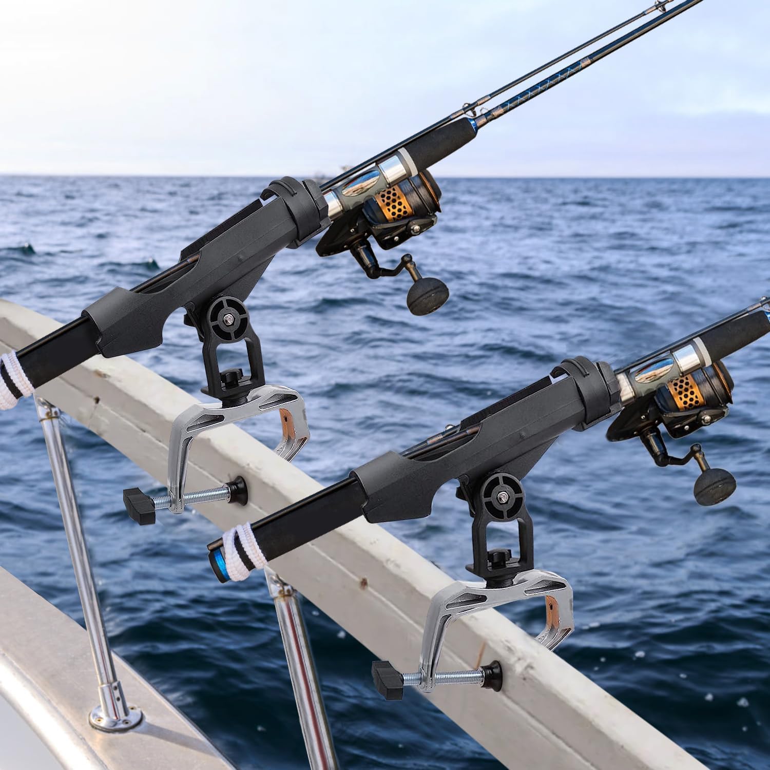 Fishing Rod Holders 3 Pack Boat Canoe Folding Holder 360° Adjustable Large Clamp Opening Fishing Rod Racks Mount on Horizontal or Vertical Side