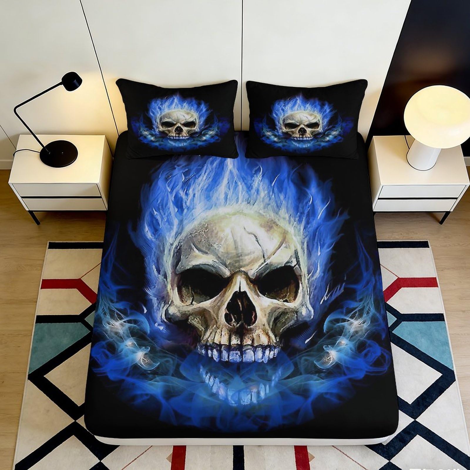 3D Printed Flaming Skull Fitted Sheet Microfiber Soft Black Blue Bed Sheet for Bedroom Dorm Mattress Cover Decor 160x200x25cm