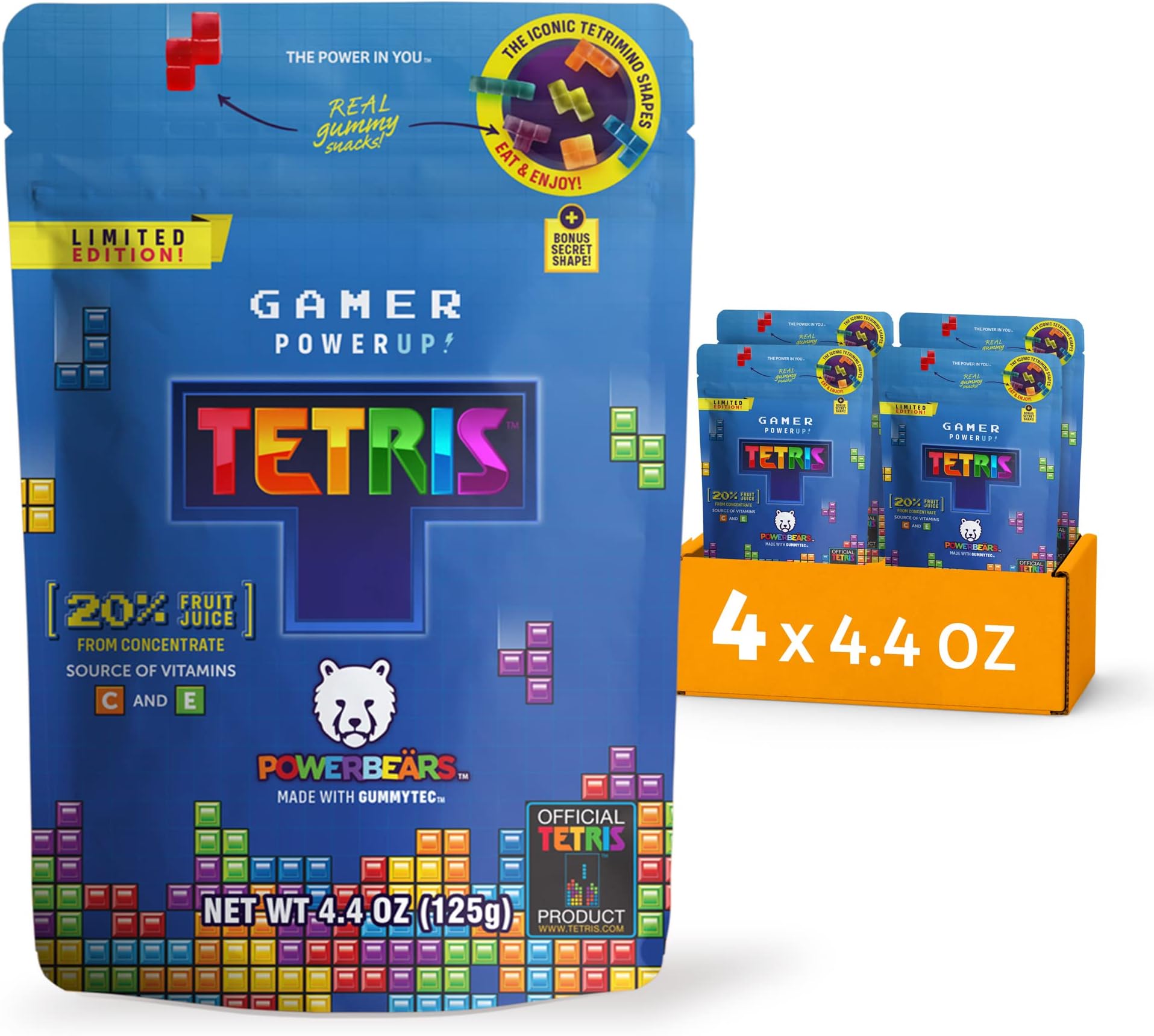 Powerbears TETRIS Gamer Gummies in Tetrimino Shapes - 20% Fruit Juice, Vitamins, 8 Fruity Flavors (Pack of 4x4.4OZ)