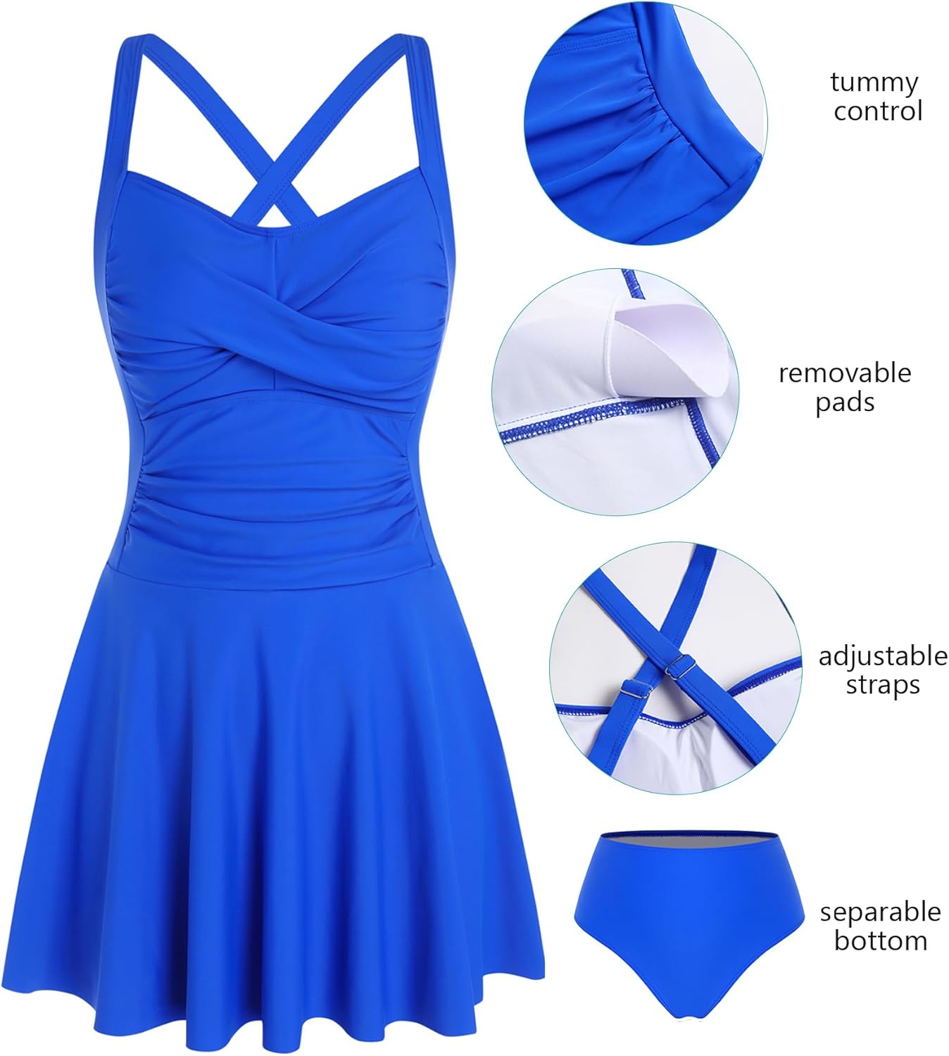 ZAFUL Women High Waisted Tummy Control Swimdress Two Piece Swimsuit Sleeveless Ruched Cute Modest Bathing Suits Beach Outfits