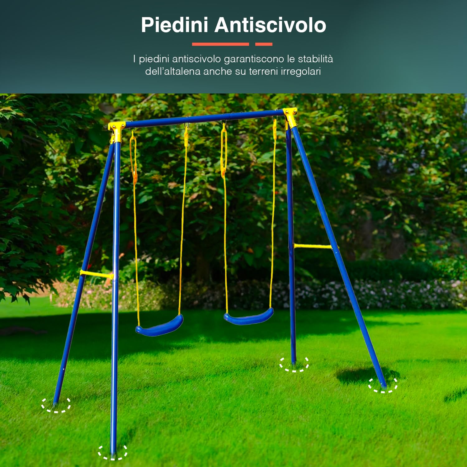 Altalena Gioco per Bambini a Due Posti - Altalena da Esterno con Sedute Regolabili e Piedini Antiscivolo, Ideale per Giardino e Terrazzo, Blu, in Metallo Antiruggine, 209x142x182 cm