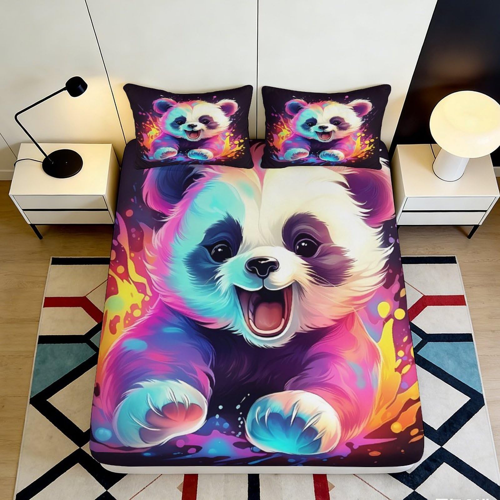 Jqzkxnhpbr Style-3 3D Printed Colorful Panda Fitted Sheet Microfiber Soft Vibrant Cartoon Animal Bed Sheet For Bedroom Guest Room Dorm Decor 90X200x25cm