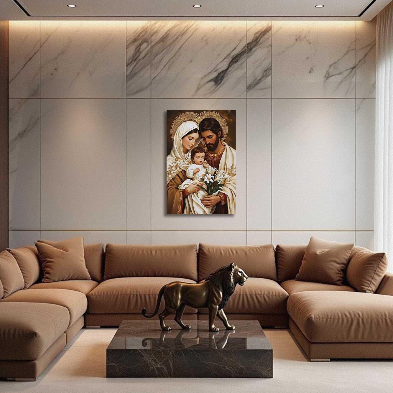 ZSHDEYMTOP Holy Family Canvas Wall Art Jesus and Virgin Mary Picture Prints Catholic Painting Christian Faith Poster for Church Prayer Room Decor Framed (Beige, (18L x 12W))