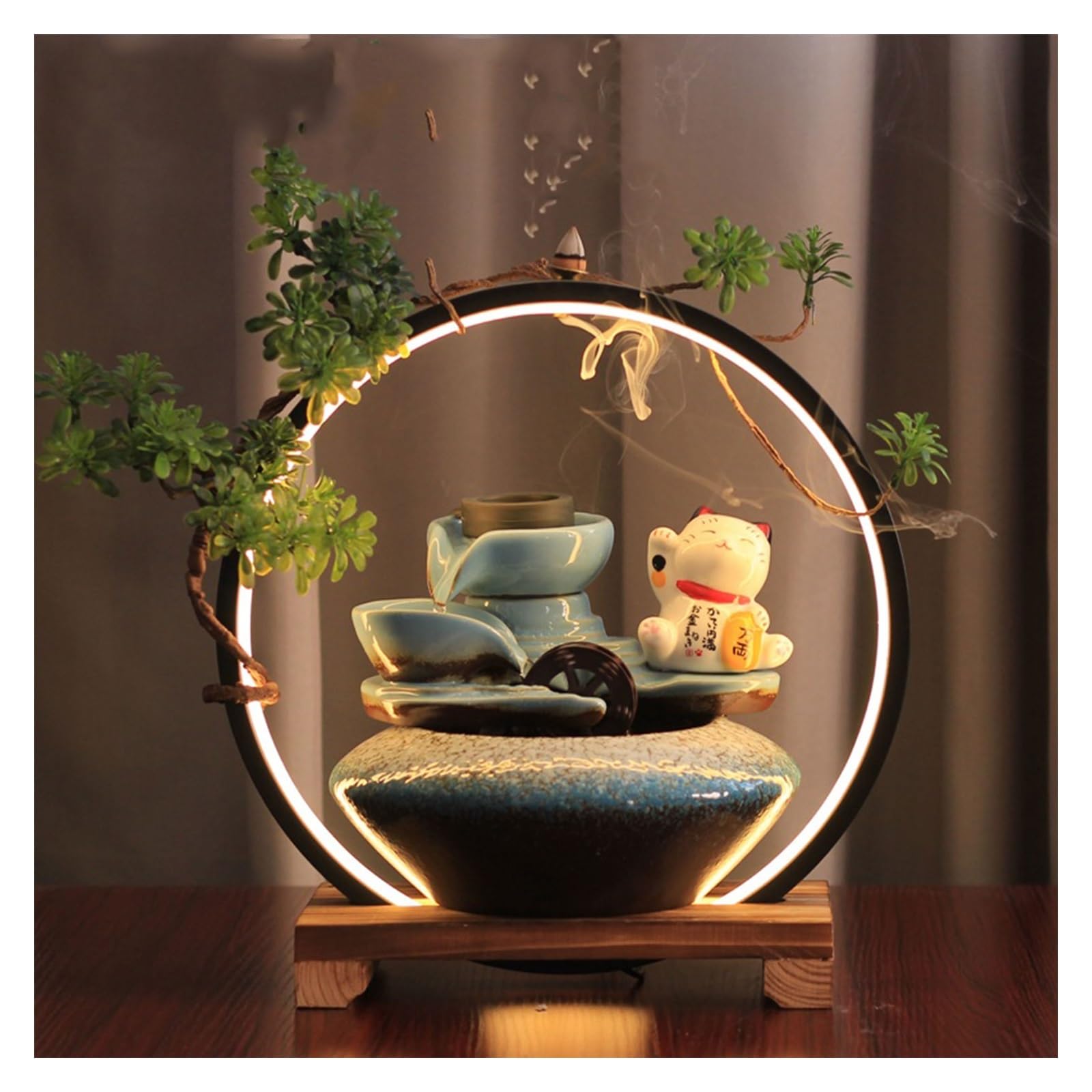 Fontaine d’Intérieur Mini aquarium de jardin zen avec fontaine de chat porte-bonheur – Nouvelle caractéristique d'eau de bureau – Cadeau Feng Shui for la maison et l'entreprise Fontaine de Table