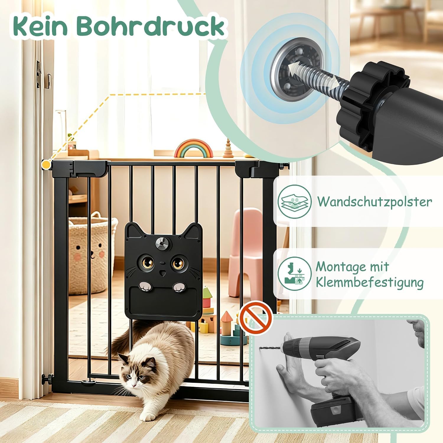 XMTECH 95-105cm Türschutzgitter mit Katzenklappe, ohne Bohren Schwarz