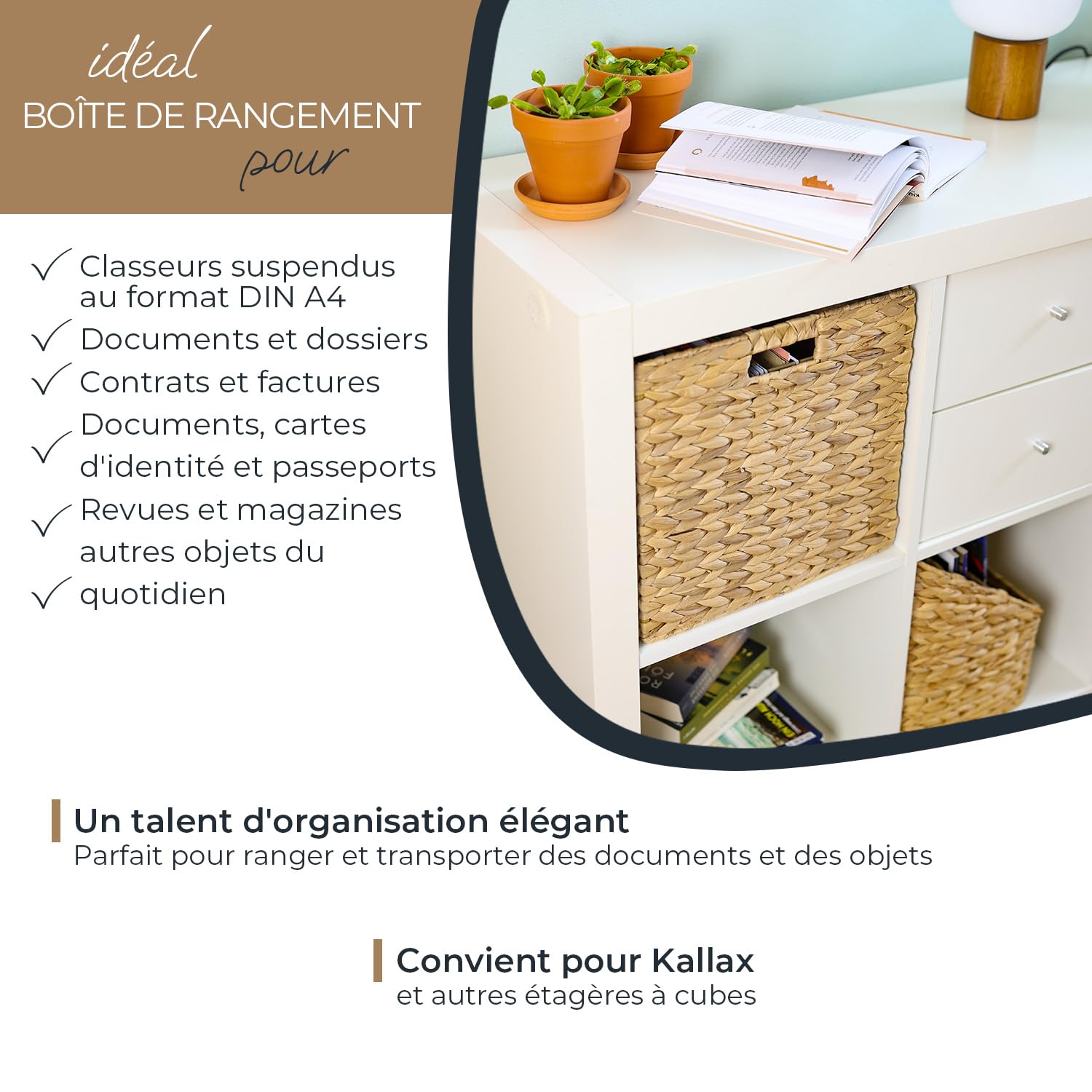 HMF Panier de Rangement pour Dossiers Suspendus A4, Panier Jacinthe d’Eau Compatible KALLAX avec Poignées | 33 x 38 x 32 cm | Naturel
