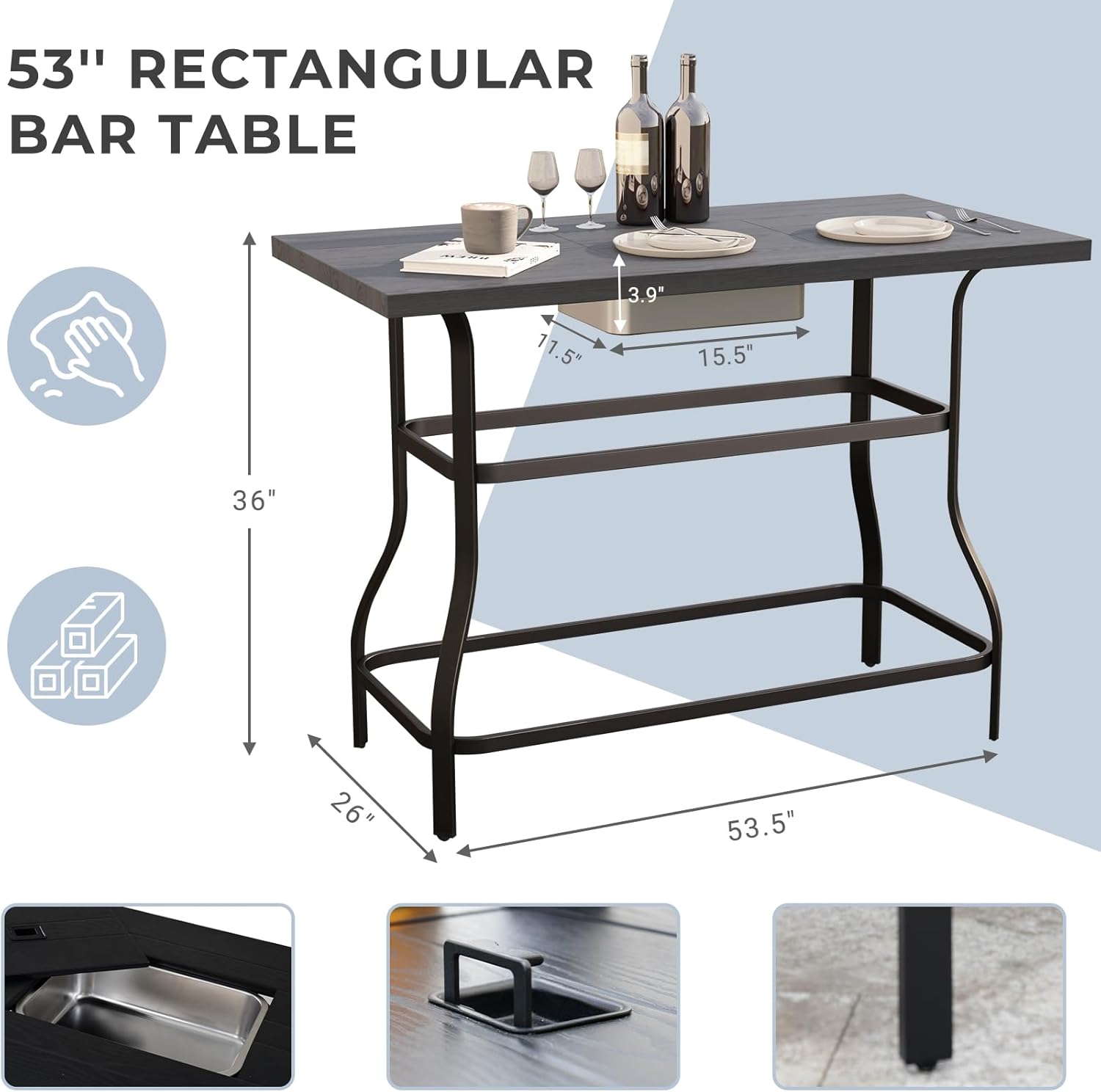 Grand patio Outdoor Bar Table, Faux Wood Grain Dining Table with Ice Bucket for Indoor Outdoor Kitchen Bistro Small Space Restaurant