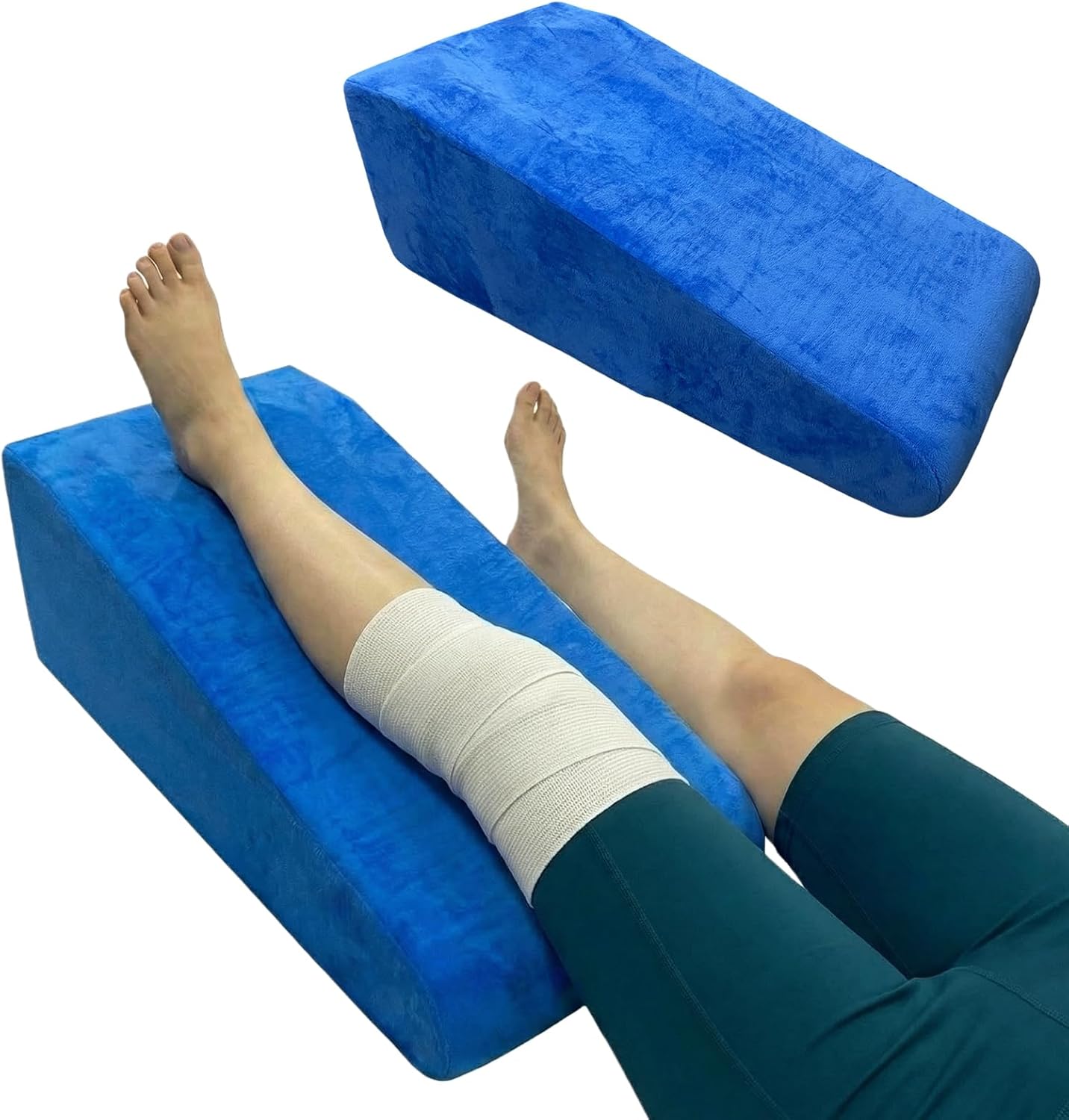 Leg Elevation Pillow for After Surgery, High-Density Medical Grade Foam Wedge Pillow for Knee Surgery Recovery, Single Leg Support for Ankle Injury, Swelling & Blood Circulation, Blue Crystal Cotton