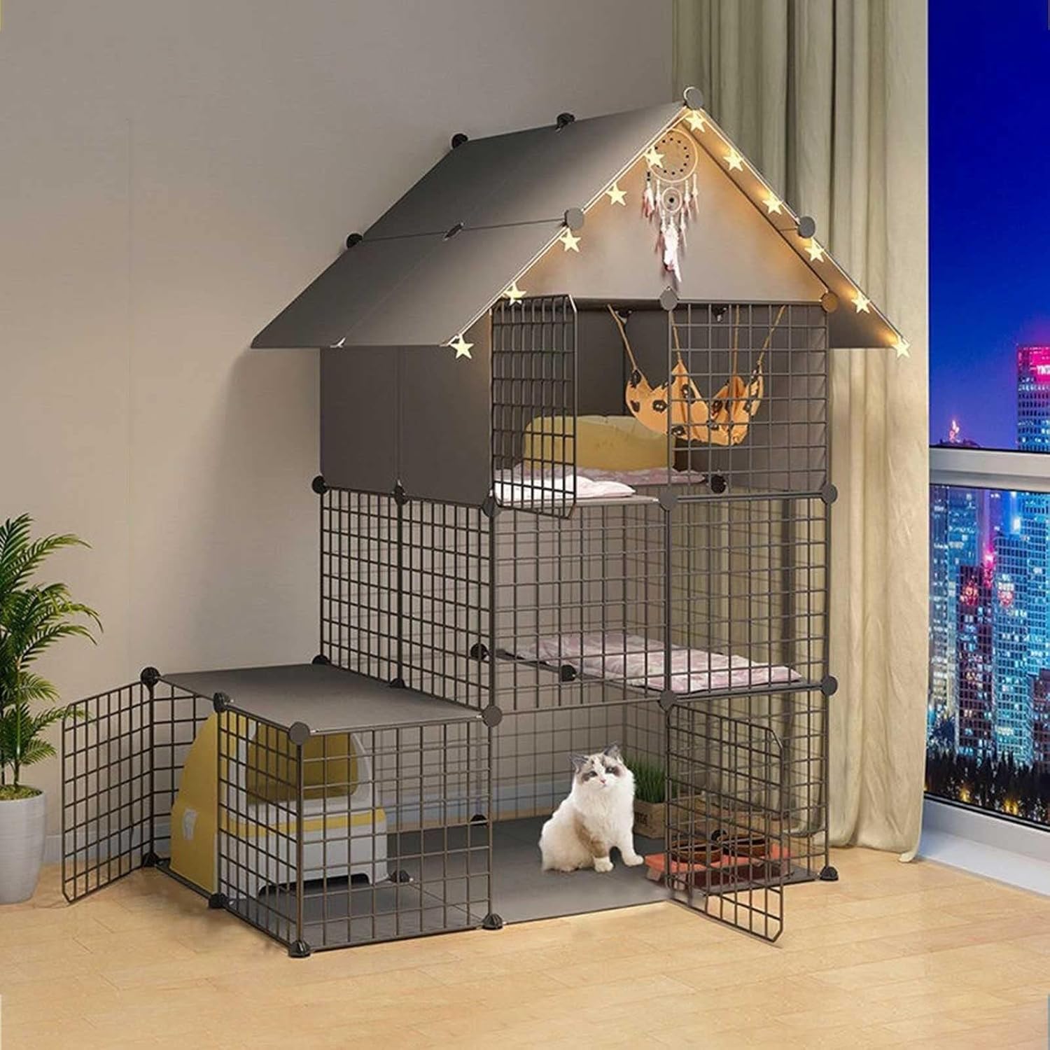Indoor Large Cat Cage with Storage Shelf, Multi-Layer Metal Cat Playpen DIY Pet Kennel for Cats, Small Animals & Puppies(Black,111x75x146cm(A))